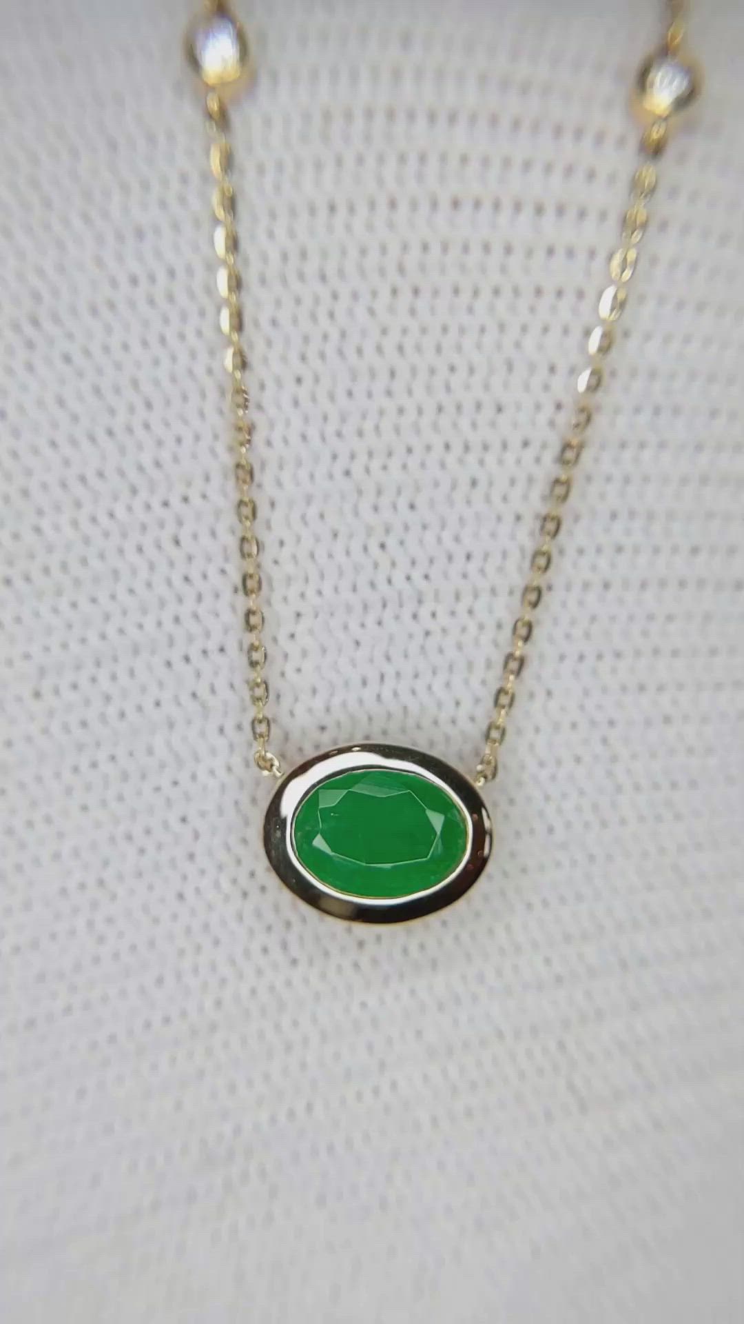 0.69 Ct. Emerald Natural Diamond Bezel Necklace, 14K Yellow Gold Size Video