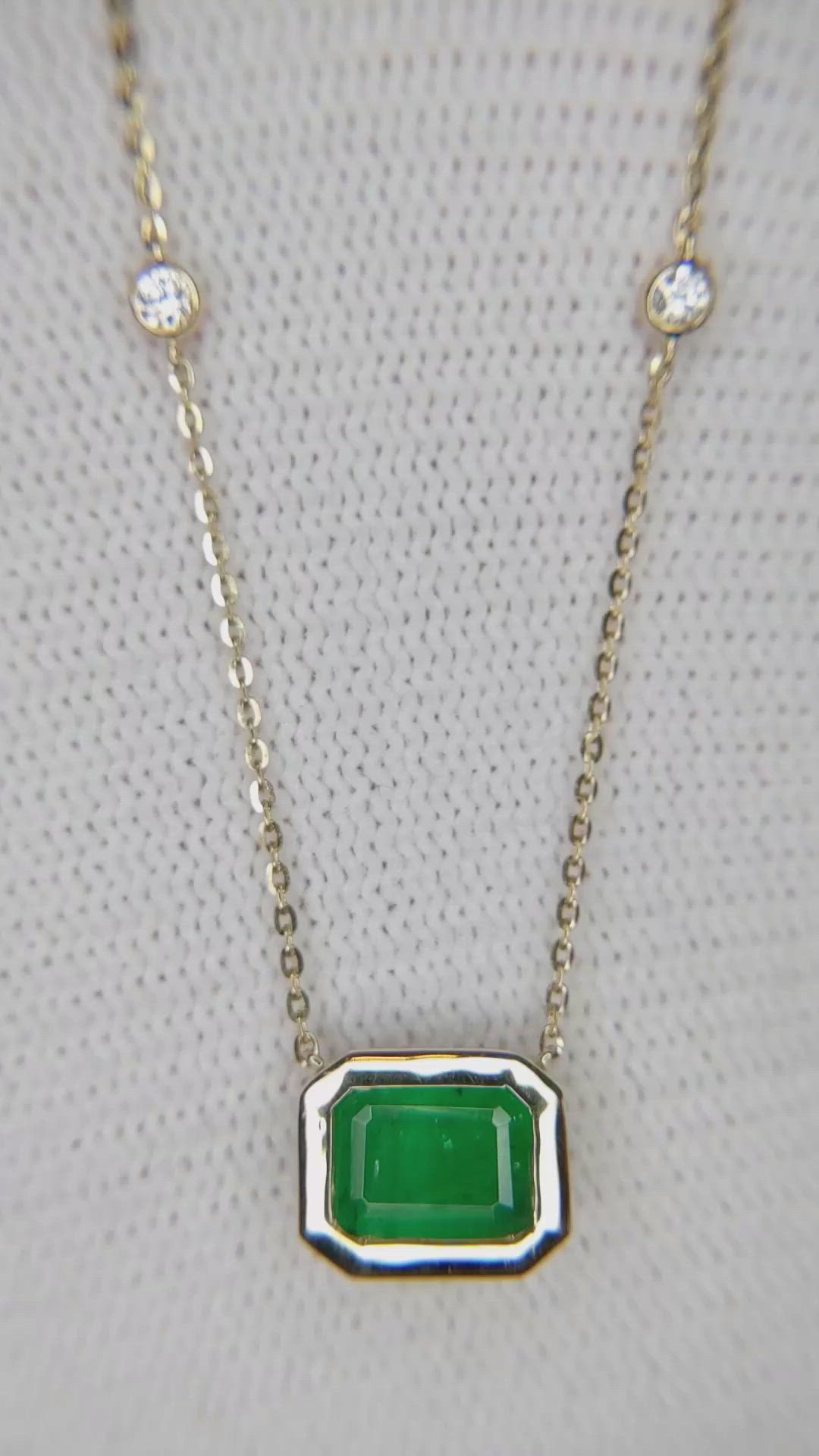 1.04 Ct. Emerald Natural Diamond Bezel Necklace, 14K Yellow Gold Size Video