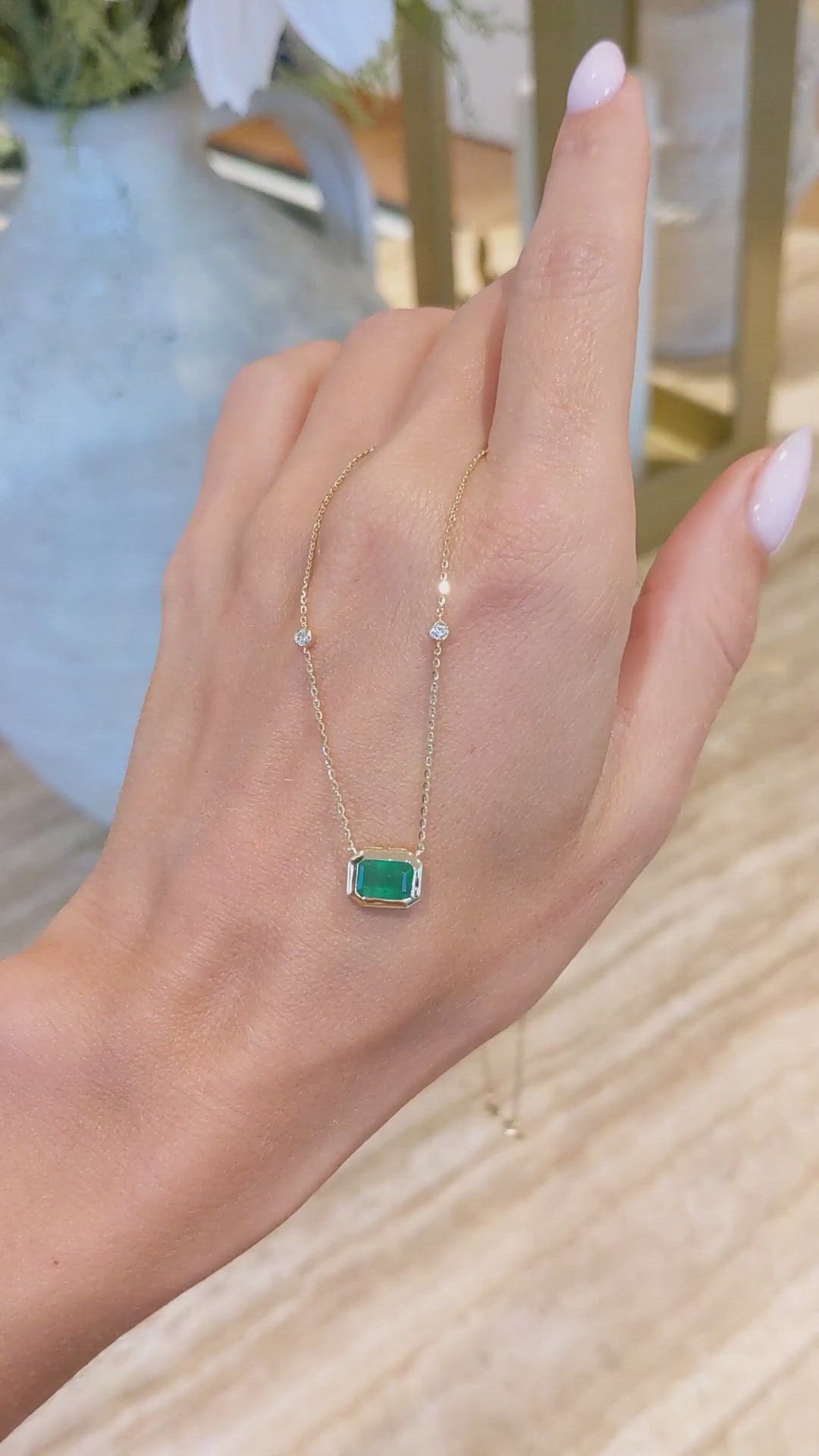 1.04 Ct. Emerald Natural Diamond Bezel Necklace, 14K Yellow Gold Size Video