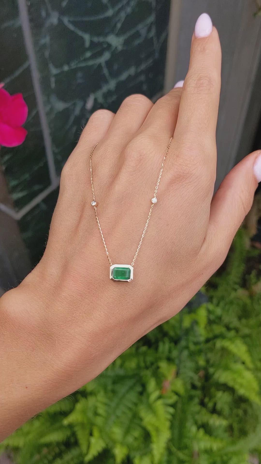 1.04 Ct. Emerald Natural Diamond Bezel Necklace, 14K Yellow Gold Size Video