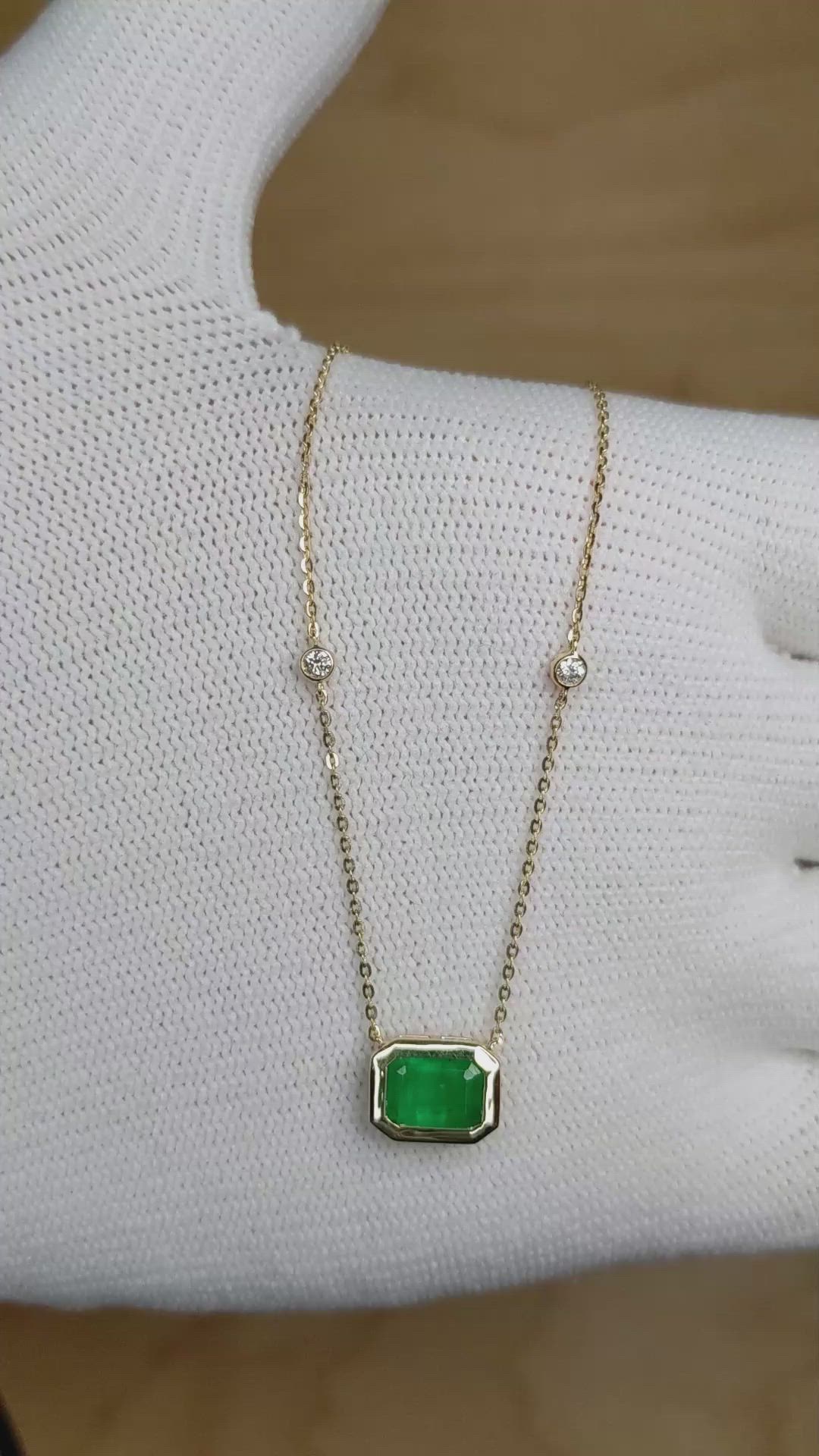 1.04 Ct. Emerald Natural Diamond Bezel Necklace, 14K Yellow Gold Size Video