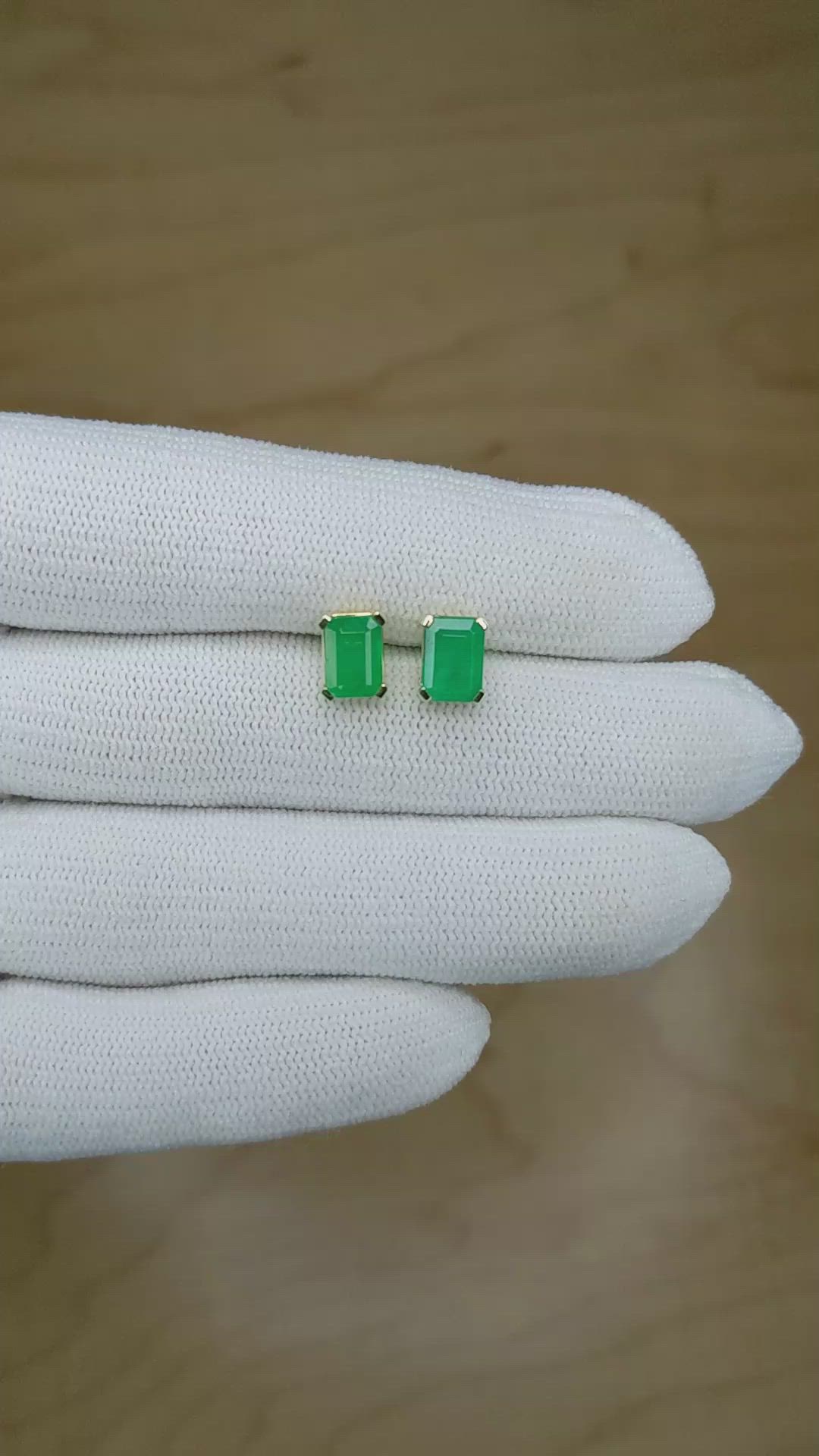 1.85 Ct.Tw. Emerald Studs Earrings, 14K Yellow Gold Size Video