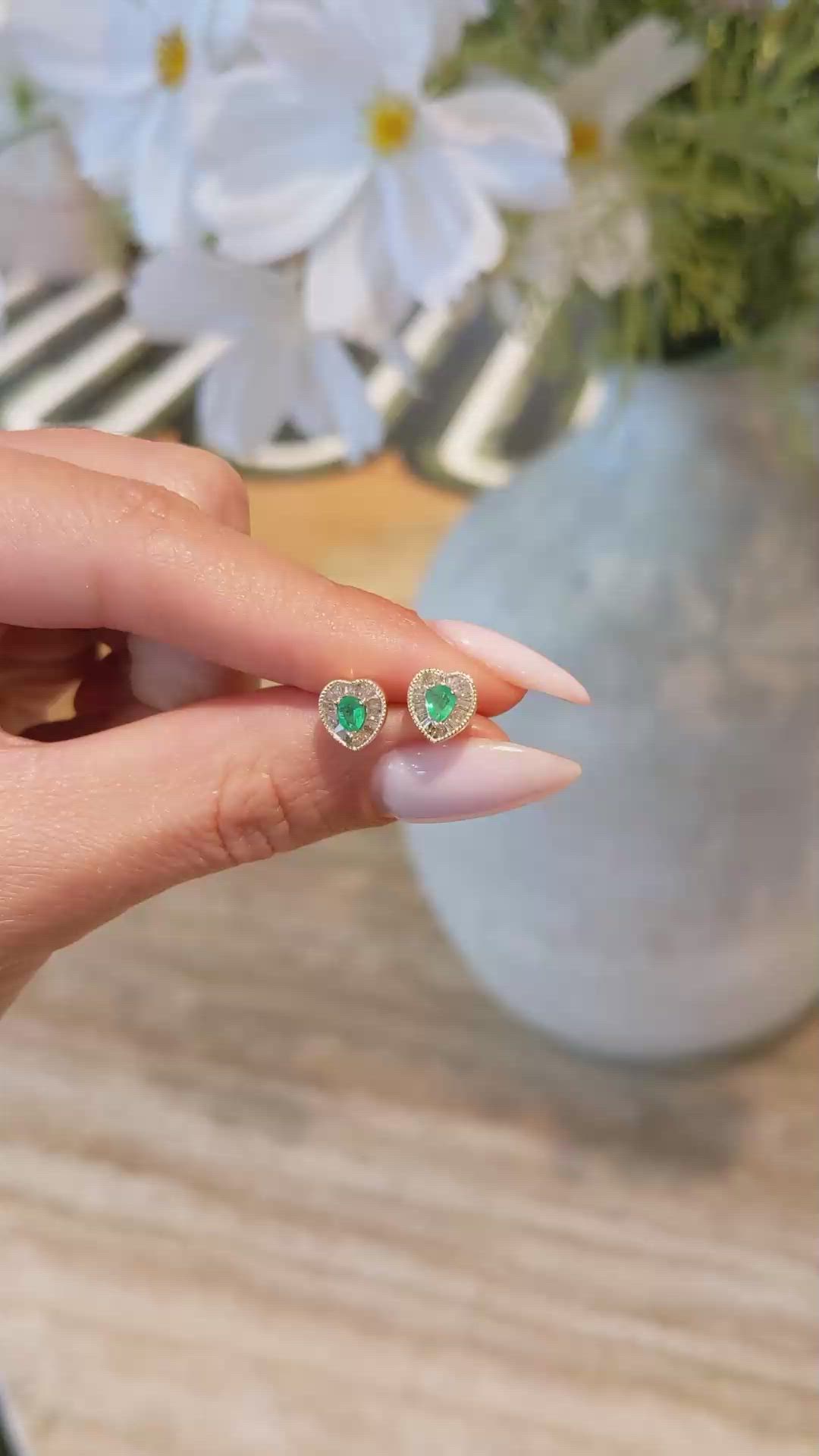 0.24 Ct.Tw. Emerald Natural Diamond Studs Earrings, 14K Yellow Gold Size Video