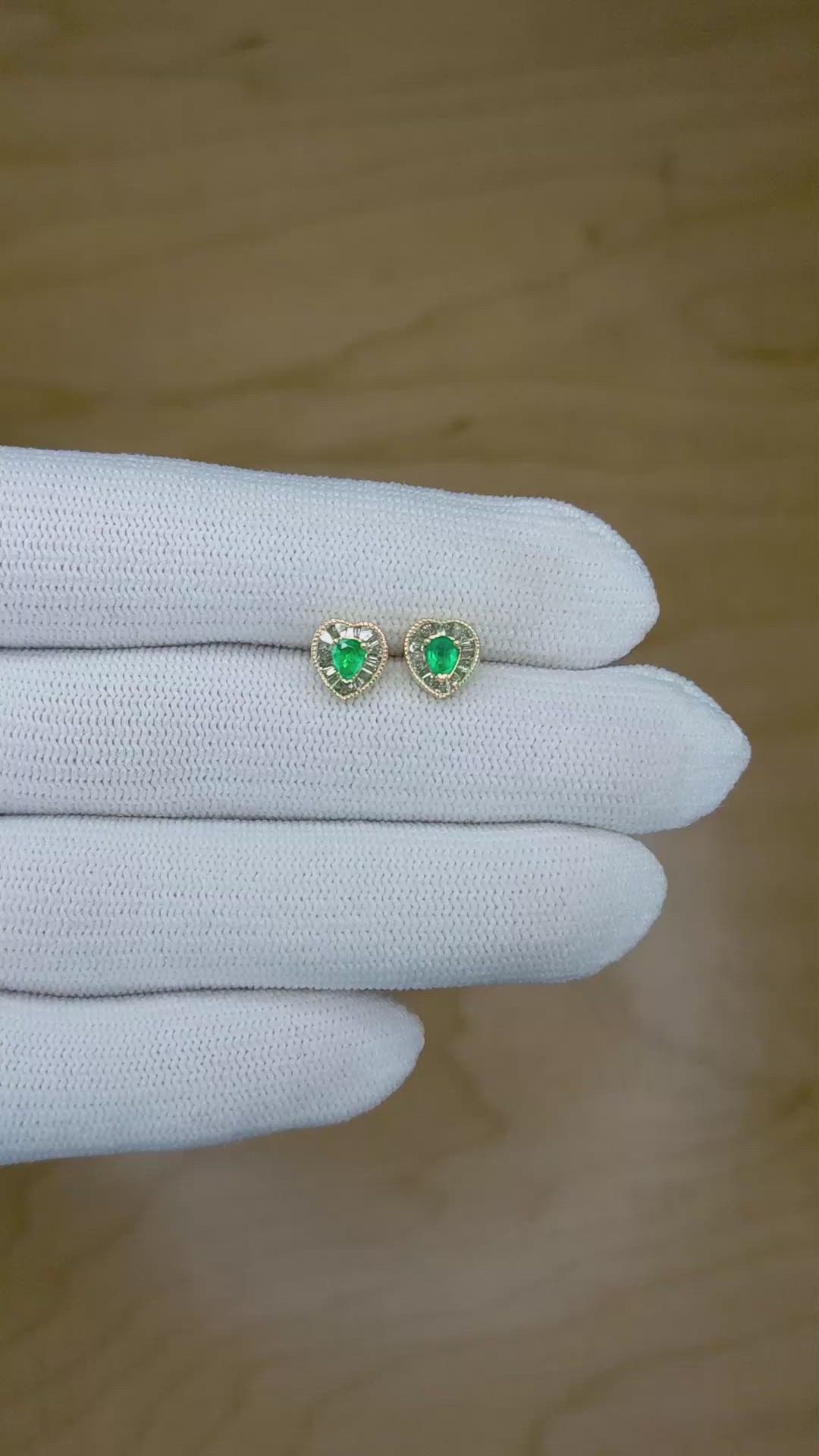 0.24 Ct.Tw. Emerald Natural Diamond Studs Earrings, 14K Yellow Gold Size Video