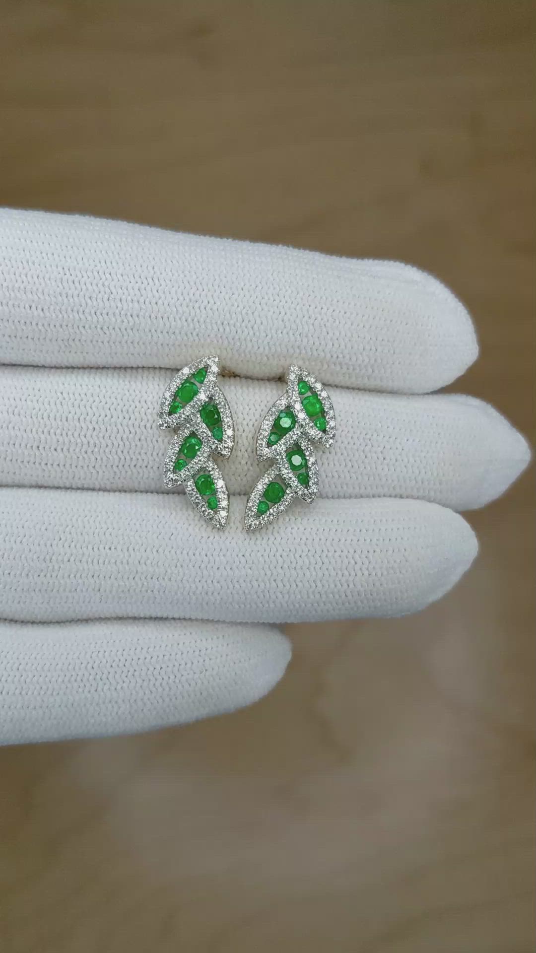 0.48 Ct.Tw. Emerald Natural Diamond Pave Earrings, 14K Yellow Gold Size Video