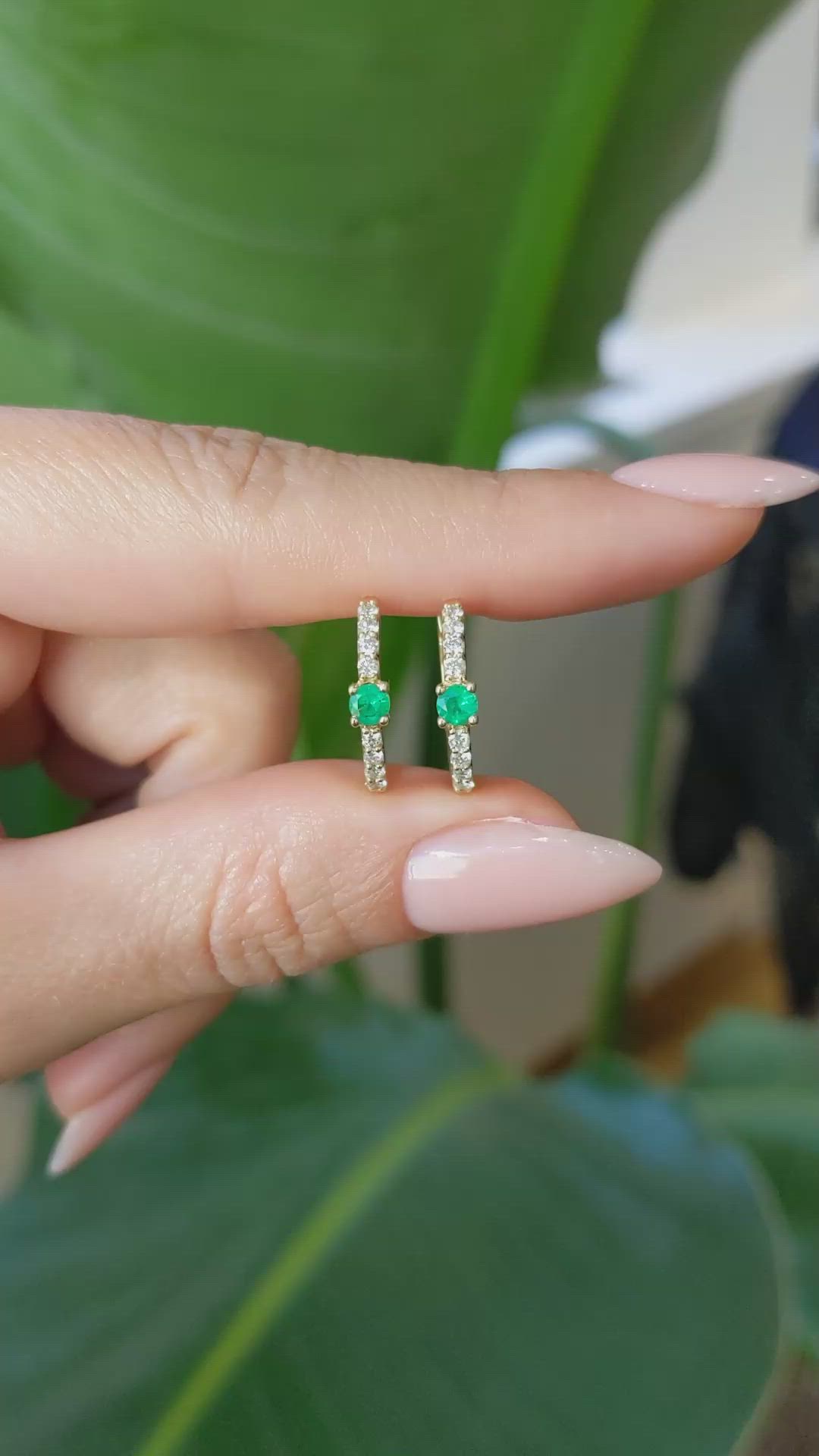 0.20 Ct.Tw. Emerald Natural Diamond Pave Earrings, 14K Yellow Gold Size Video
