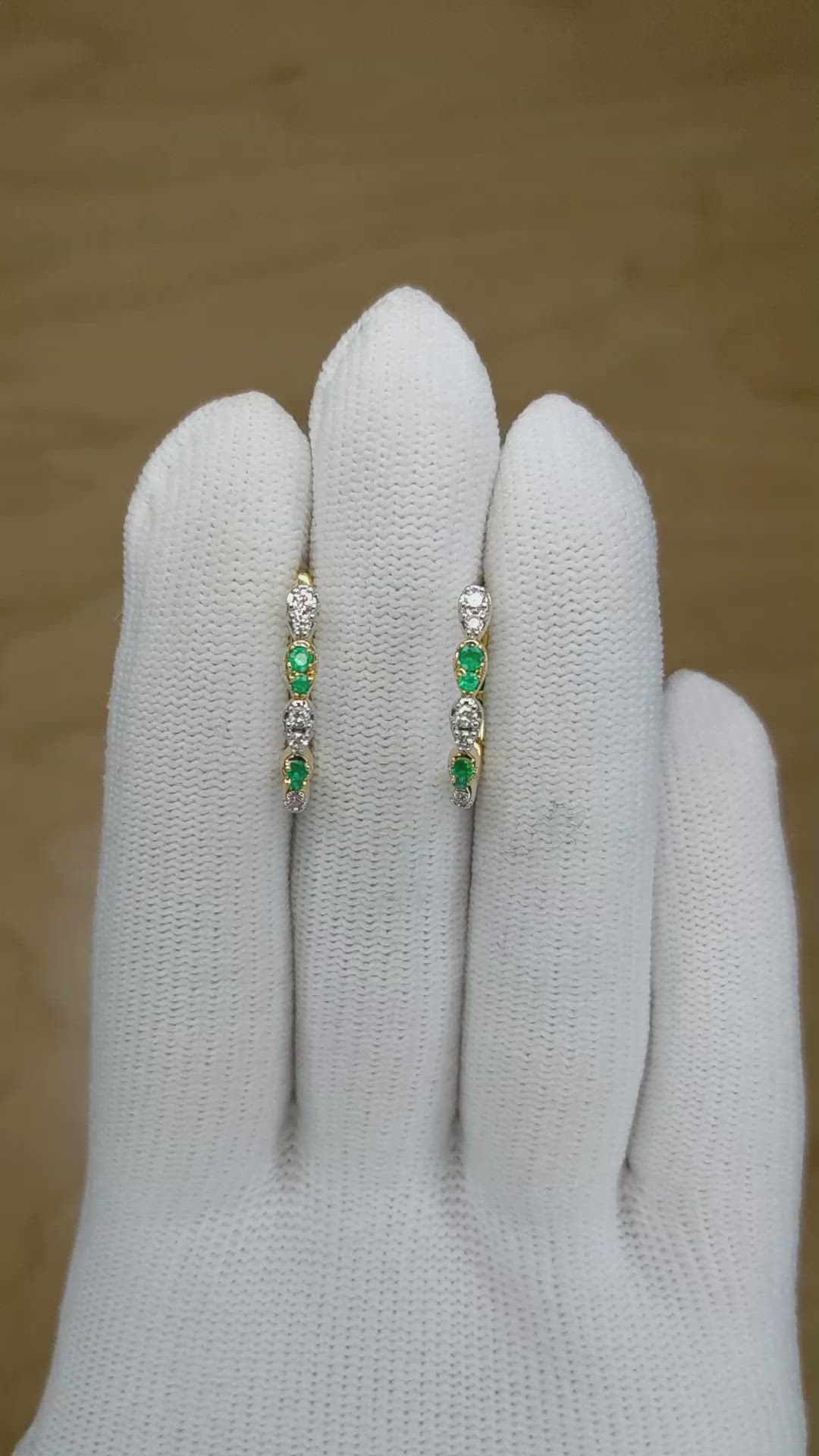 0.10 Ct.Tw. Emerald Natural Diamond Hoops Earrings, 14K Yellow Gold Size Video