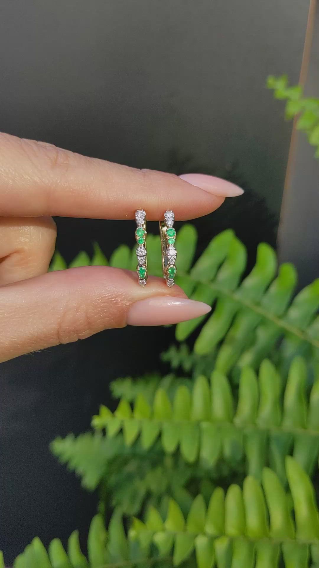 0.10 Ct.Tw. Emerald Natural Diamond Hoops Earrings, 14K Yellow Gold Size Video