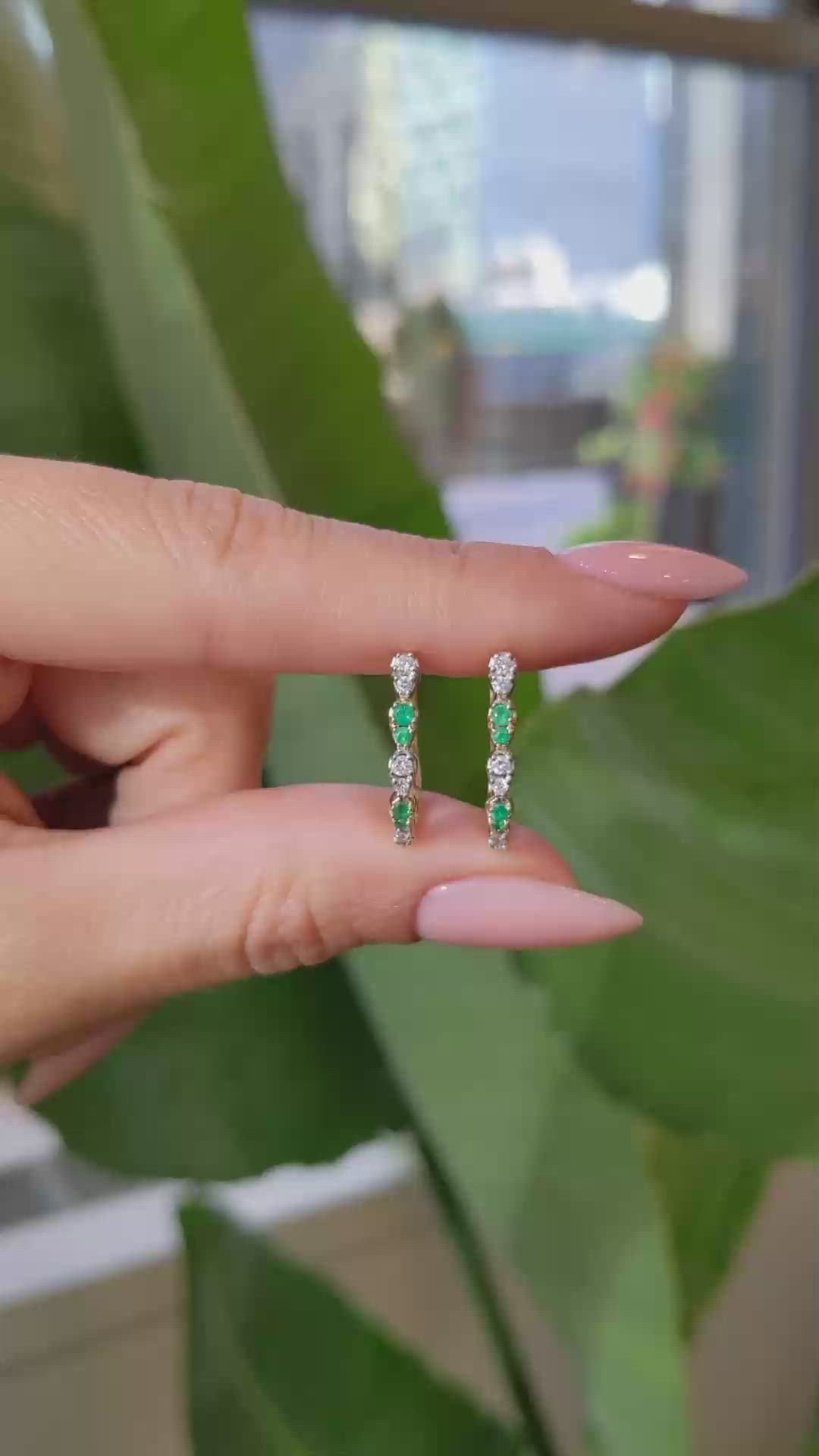 0.10 Ct.Tw. Emerald Natural Diamond Hoops Earrings, 14K Yellow Gold Size Video