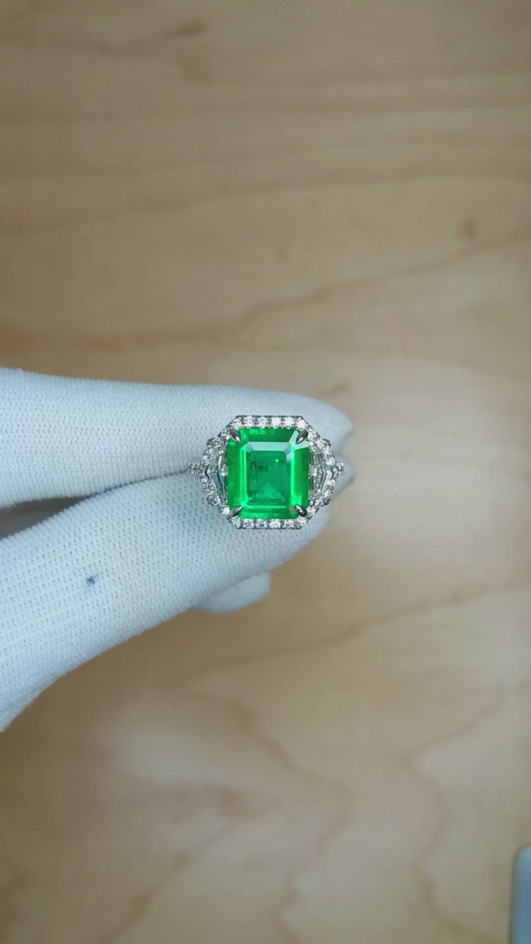 3.51 Ct. Emerald Natural Diamond Pave Ring, 18K White Gold Size Video