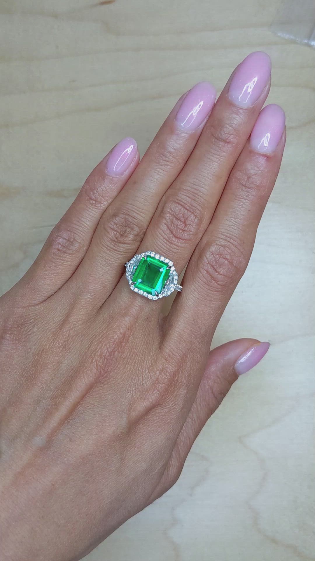 3.51 Ct. Emerald Natural Diamond Pave Ring, 18K White Gold Size Video