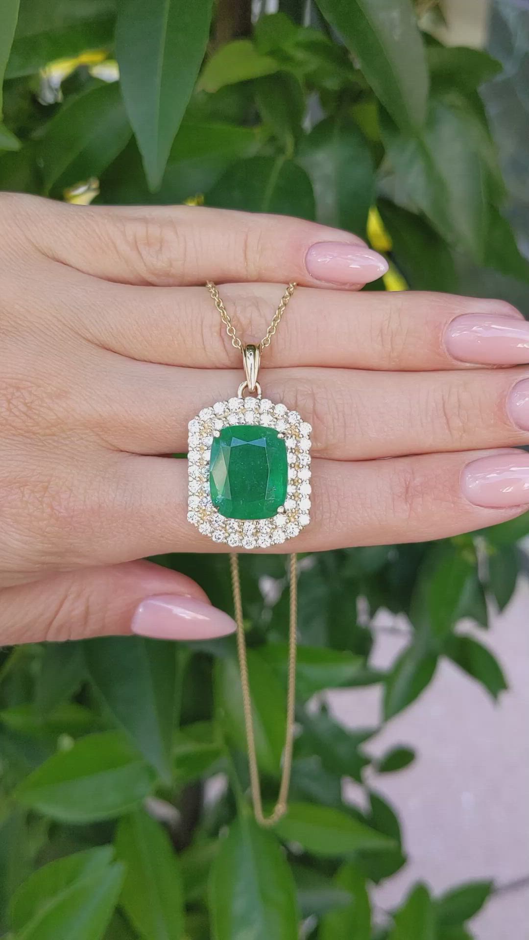 11.07 Ct. Emerald Natural Diamond Pave Pendant, 14K Yellow Gold Size Video