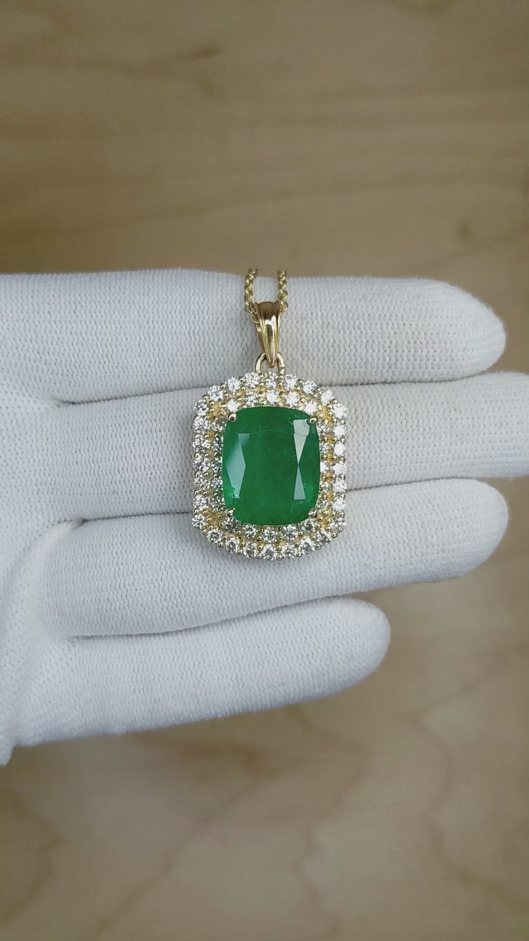 11.07 Ct. Emerald Natural Diamond Pave Pendant, 14K Yellow Gold Size Video