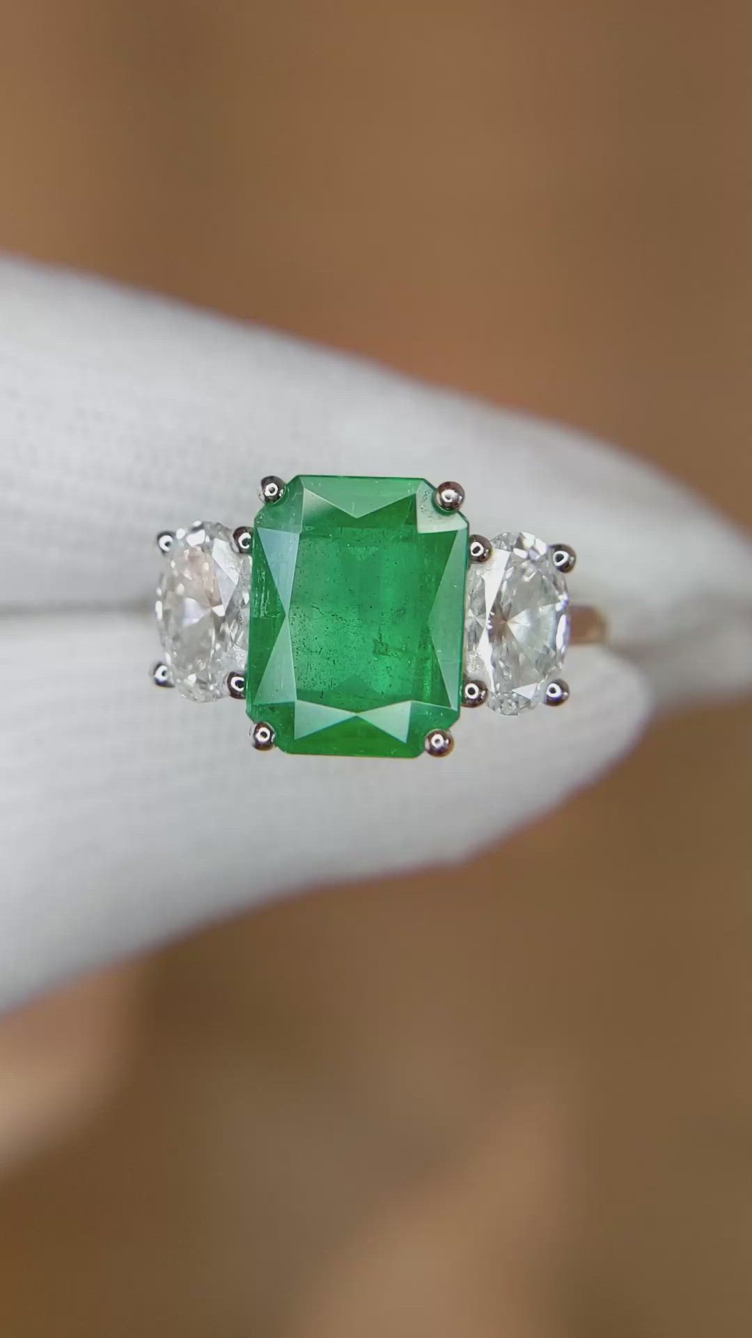 2.29 Ct. Emerald Lab Grown Diamond Three Stone Ring, Platinum 950 Size Video