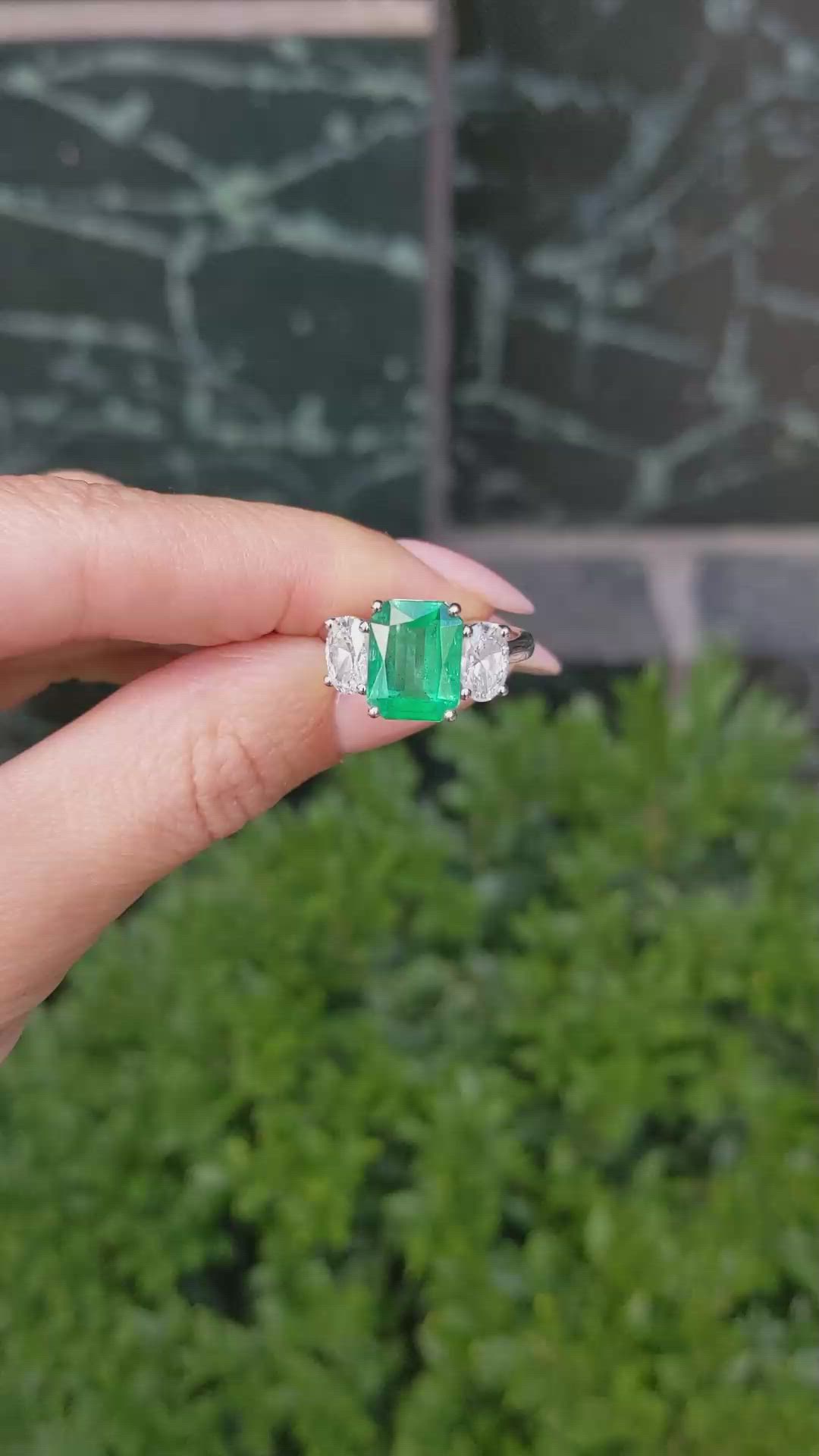 2.29 Ct. Emerald Lab Grown Diamond Three Stone Ring, Platinum 950 Size Video