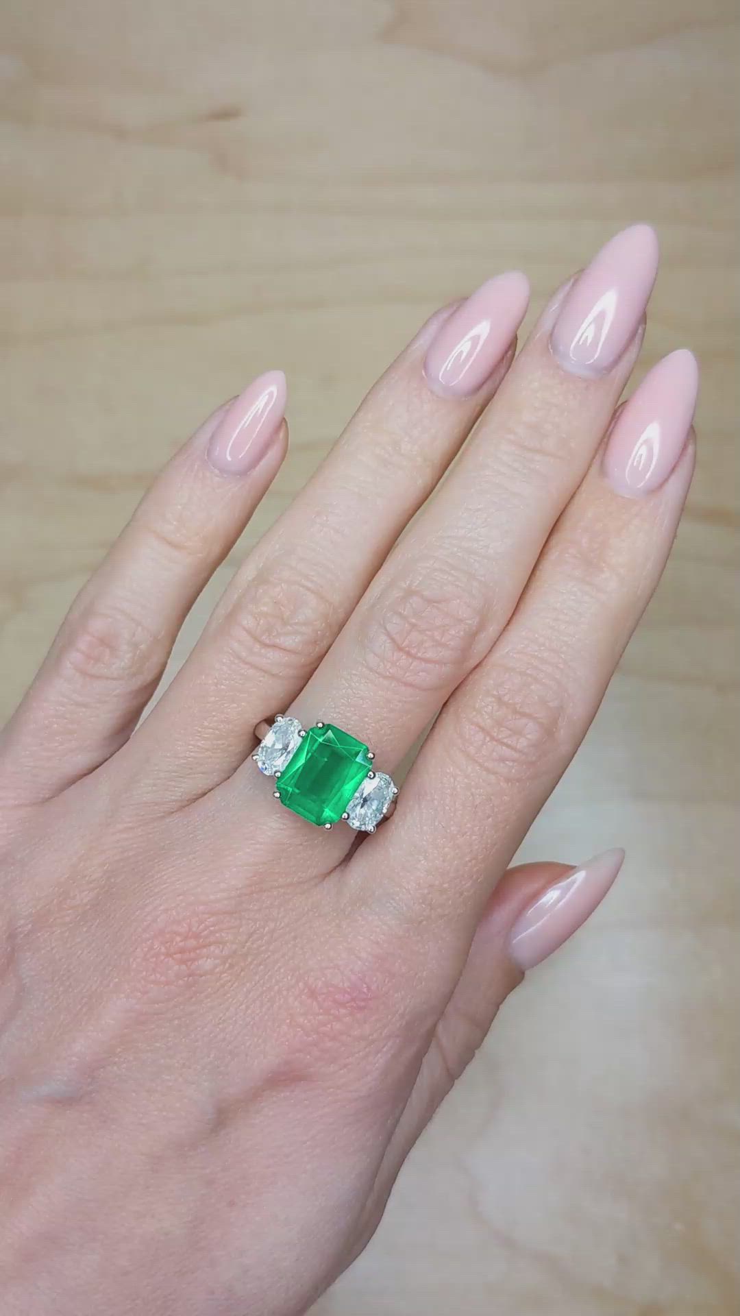 2.29 Ct. Emerald Lab Grown Diamond Three Stone Ring, Platinum 950 Size Video