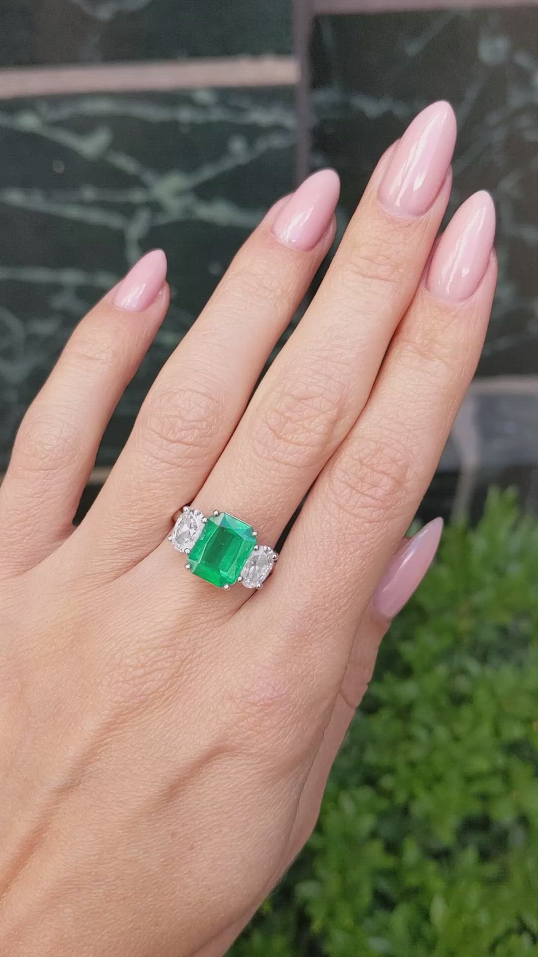 2.29 Ct. Emerald Lab Grown Diamond Three Stone Ring, Platinum 950 Size Video