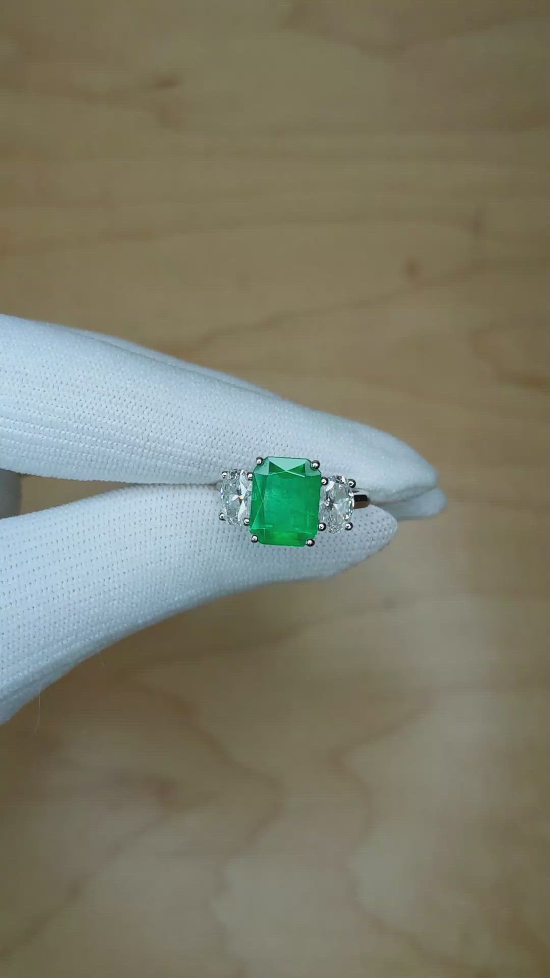 2.29 Ct. Emerald Lab Grown Diamond Three Stone Ring, Platinum 950 Size Video