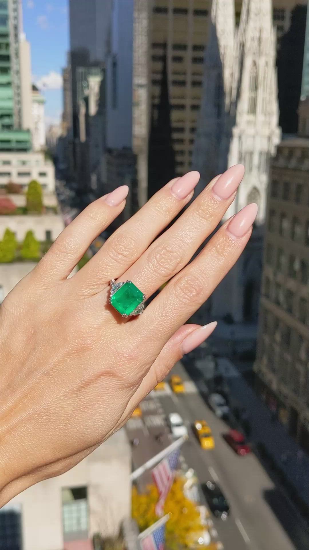 5.48 Ct. Emerald Natural Diamond Three Stone Ring, Platinum 950 Size Video
