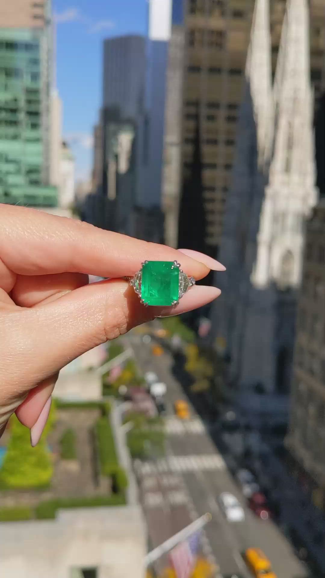 5.48 Ct. Emerald Natural Diamond Three Stone Ring, Platinum 950 Size Video