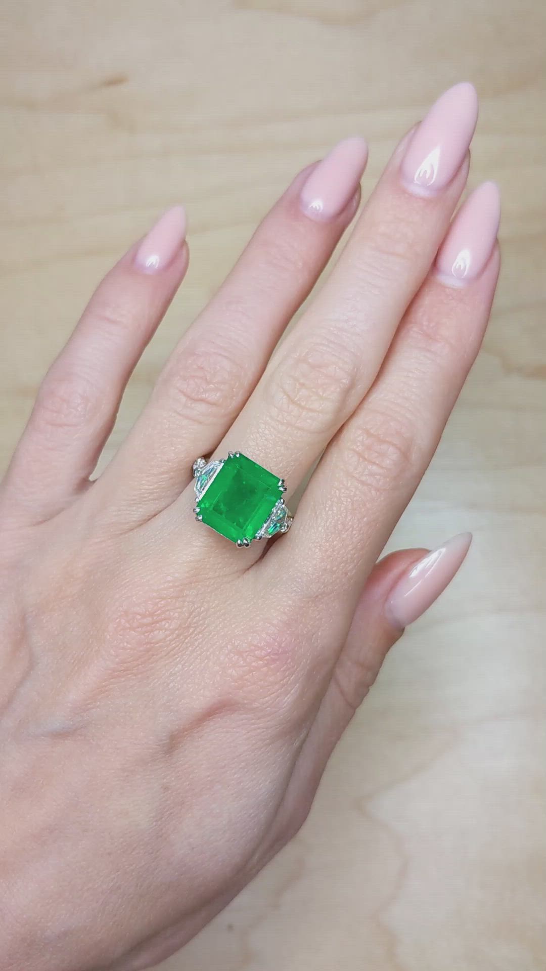 5.48 Ct. Emerald Natural Diamond Three Stone Ring, Platinum 950 Size Video