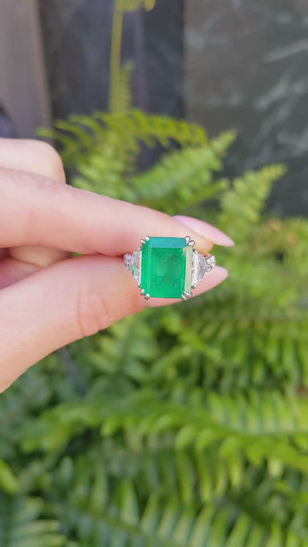 5.48 Ct. Emerald Natural Diamond Three Stone Ring, Platinum 950 Size Video