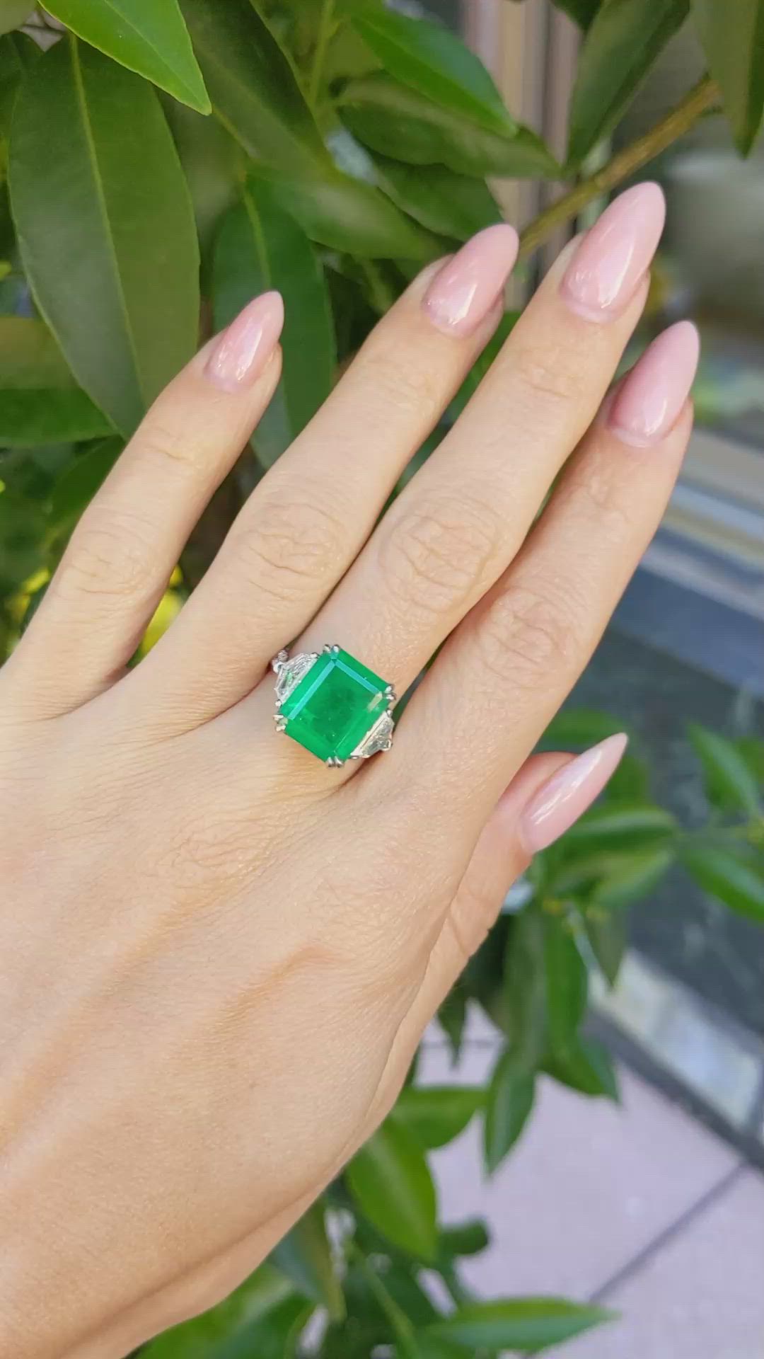 5.48 Ct. Emerald Natural Diamond Three Stone Ring, Platinum 950 Size Video