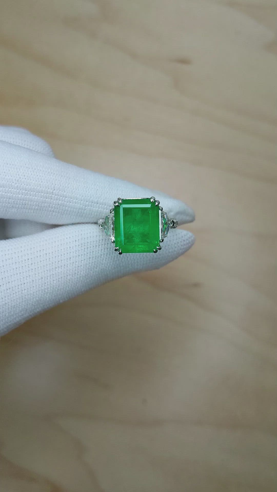 5.48 Ct. Emerald Natural Diamond Three Stone Ring, Platinum 950 Size Video