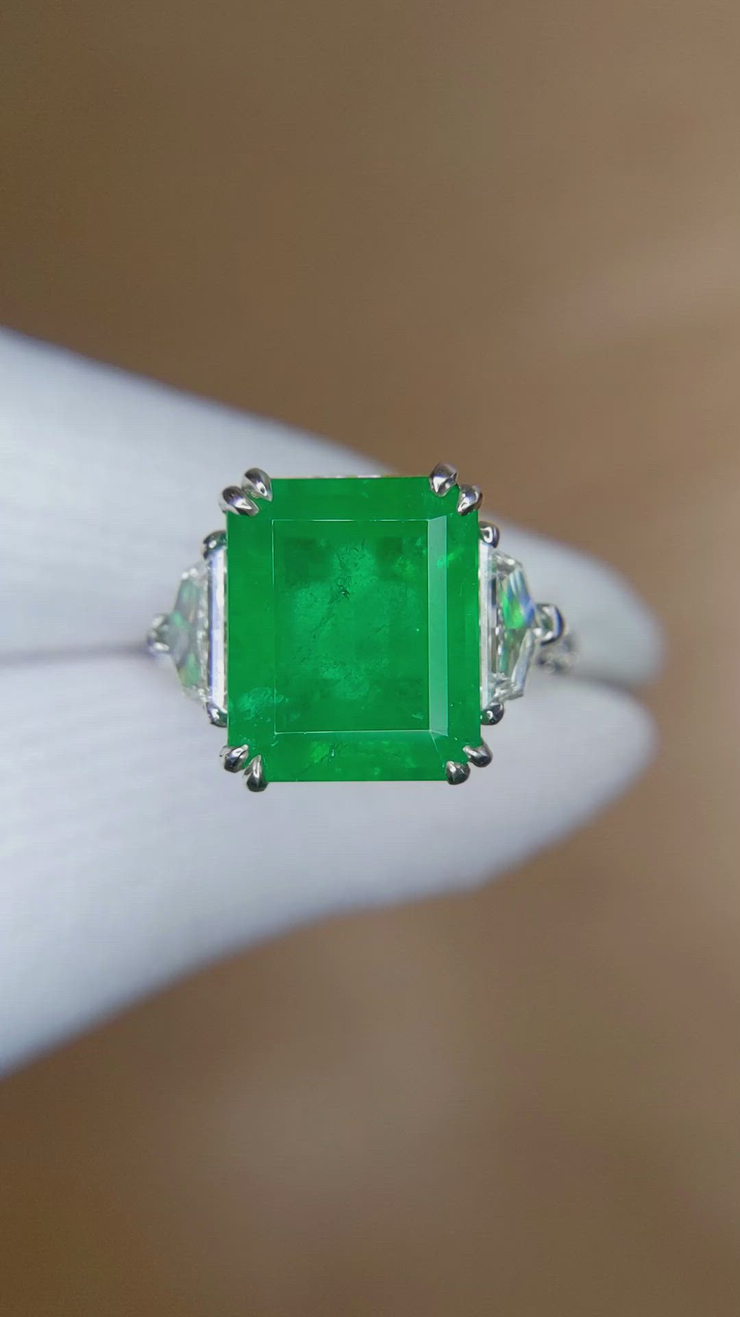 5.48 Ct. Emerald Natural Diamond Three Stone Ring, Platinum 950 Size Video