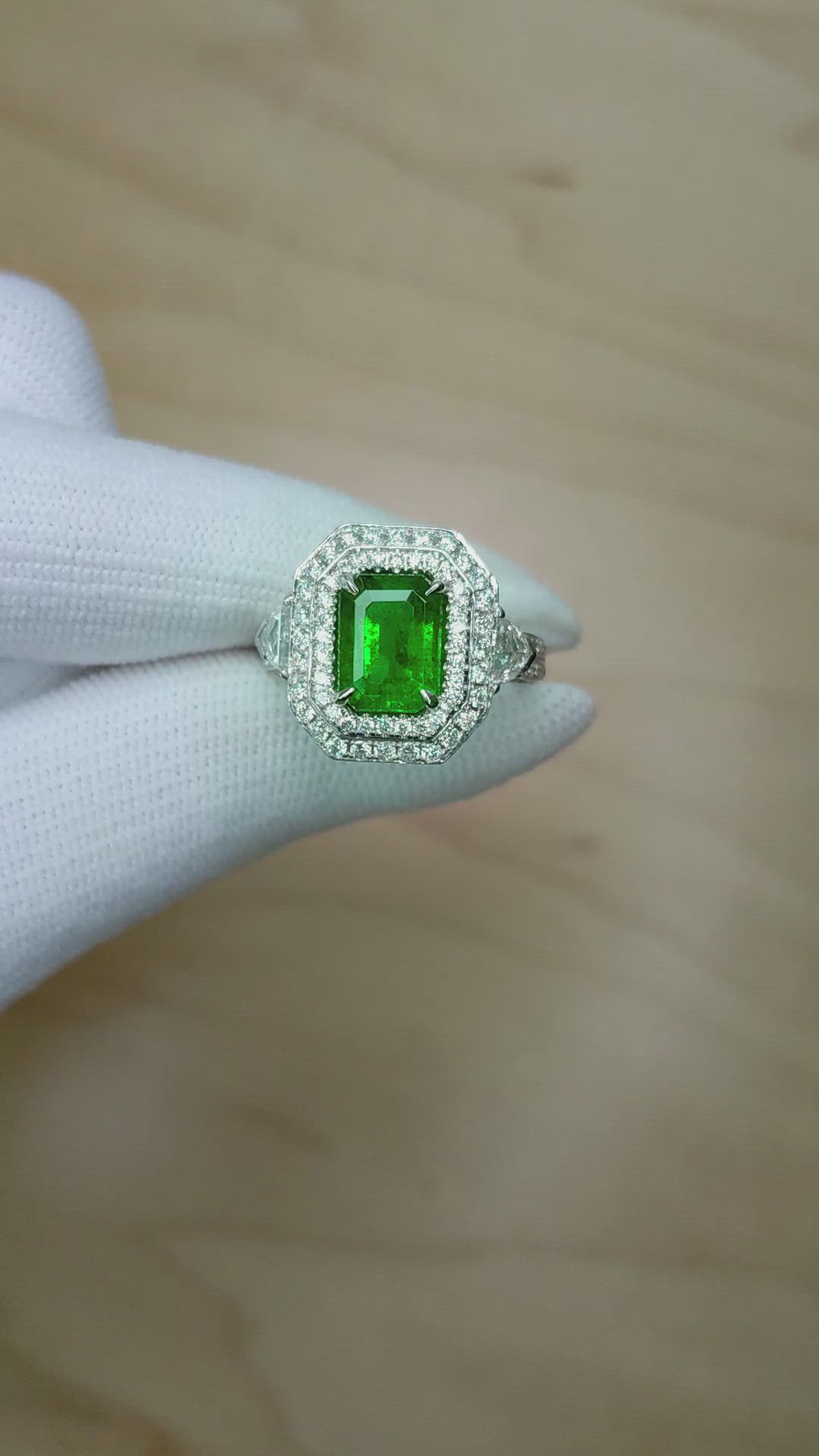 2.37 Ct. Emerald Natural Diamond Pave Ring, Platinum 950 Size Video