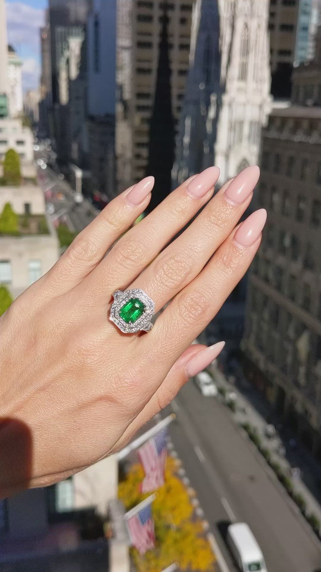 2.37 Ct. Emerald Natural Diamond Pave Ring, 18K White Gold Size Video