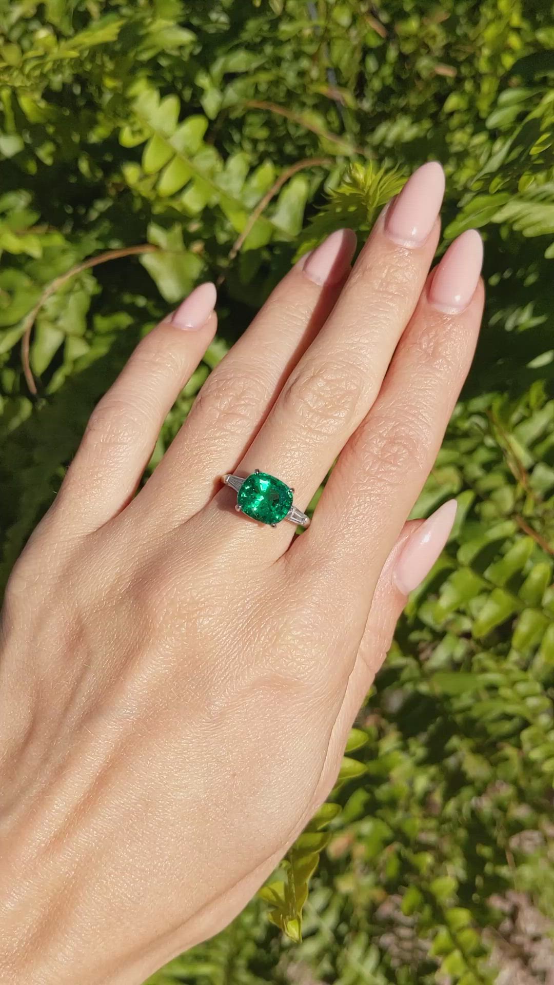 3.12 Ct. Emerald Natural Diamond Three Stone Ring, Platinum 950 Size Video