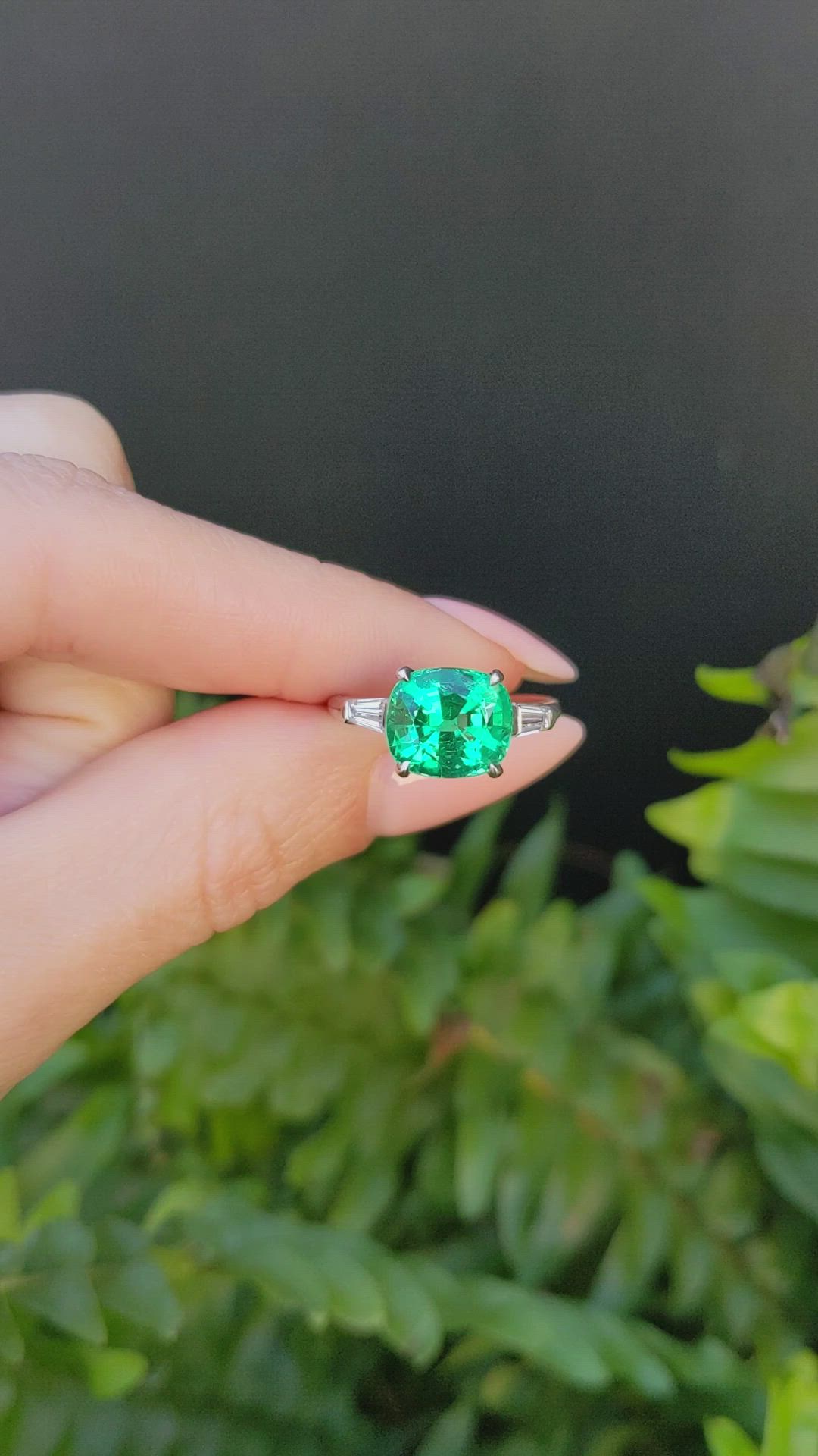 3.12 Ct. Emerald Natural Diamond Three Stone Ring, Platinum 950 Size Video
