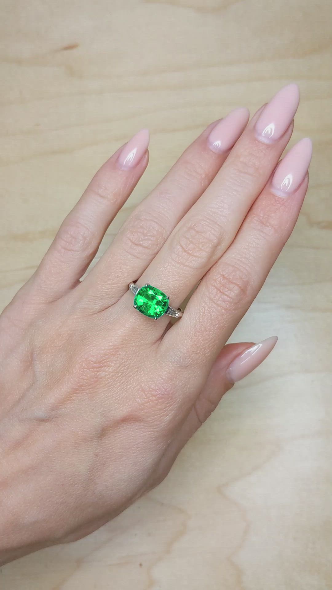 3.12 Ct. Emerald Natural Diamond Three Stone Ring, Platinum 950 Size Video