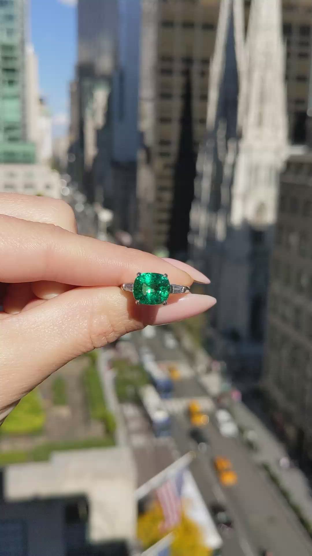 3.12 Ct. Emerald Natural Diamond Three Stone Ring, Platinum 950 Size Video