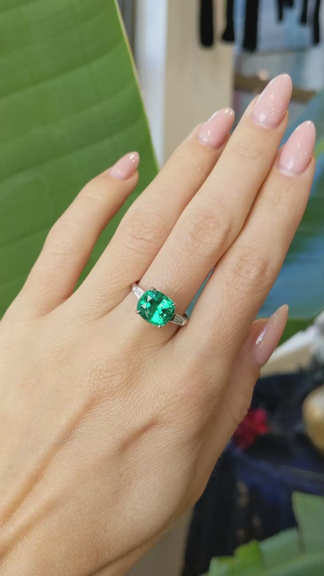 3.12 Ct. Emerald Natural Diamond Three Stone Ring, Platinum 950 Size Video