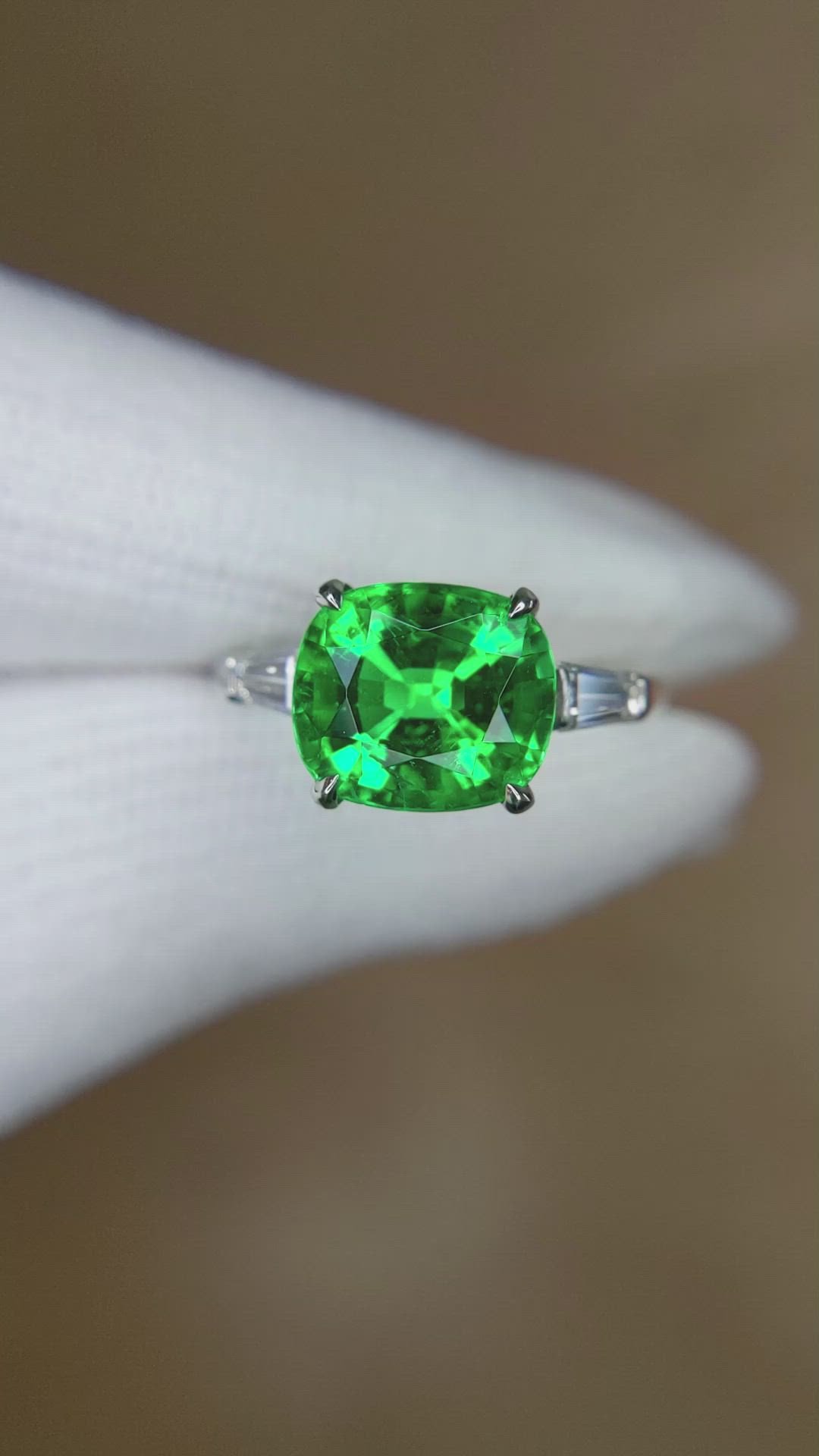 3.12 Ct. Emerald Natural Diamond Three Stone Ring, Platinum 950 Size Video