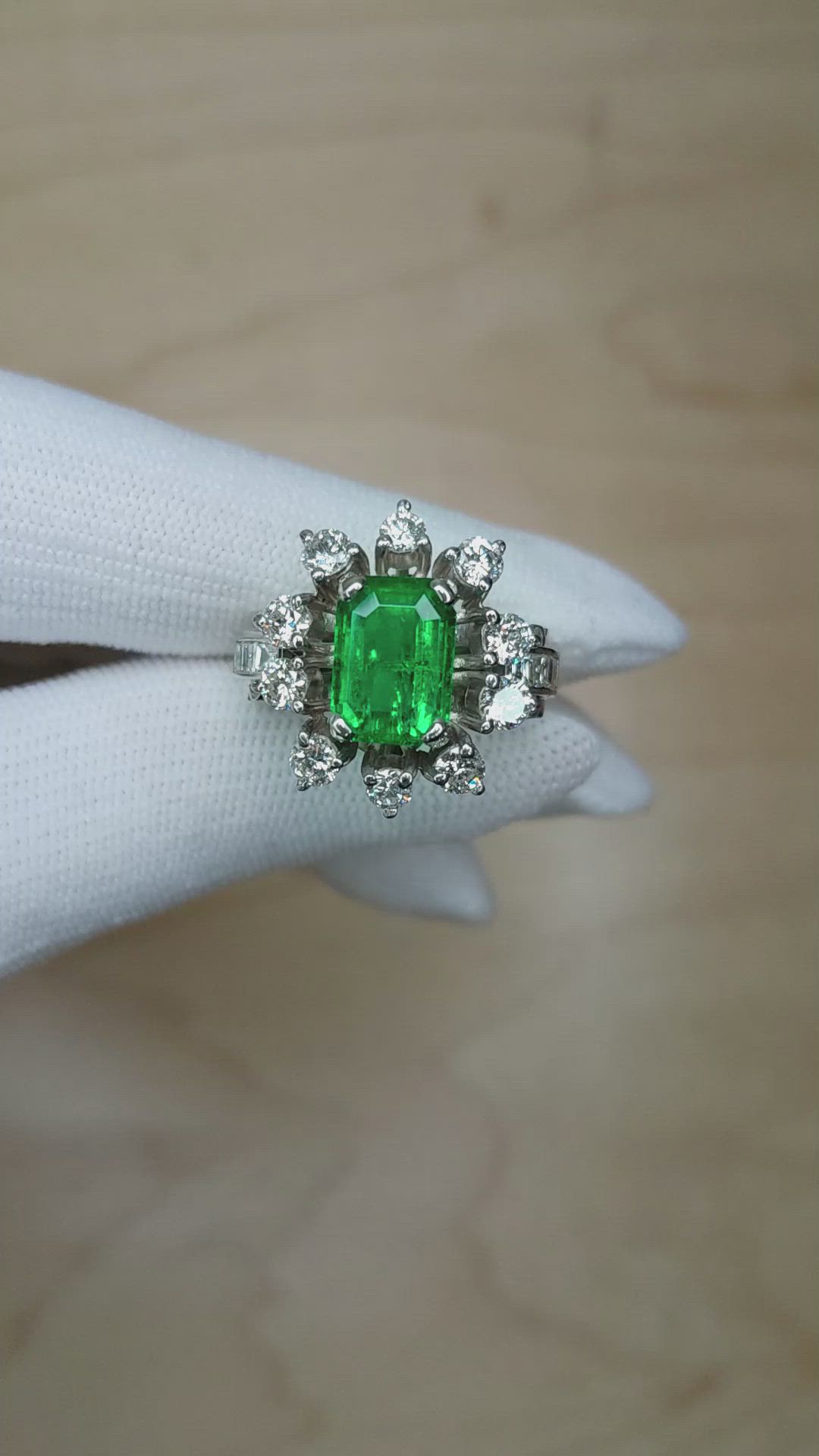 3.50 Ct. Emerald Natural Diamond Antique Style Ring, Platinum 950 Size Video