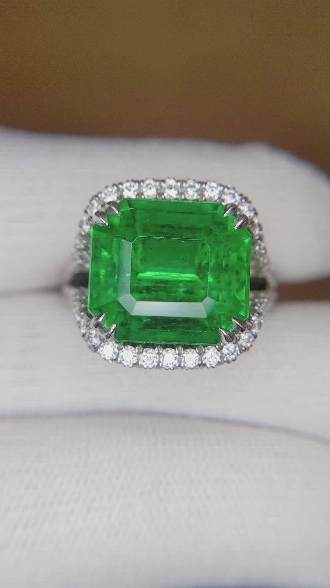 10.28 Ct. Emerald Natural Diamond Pave Ring, Platinum 950 Size Video
