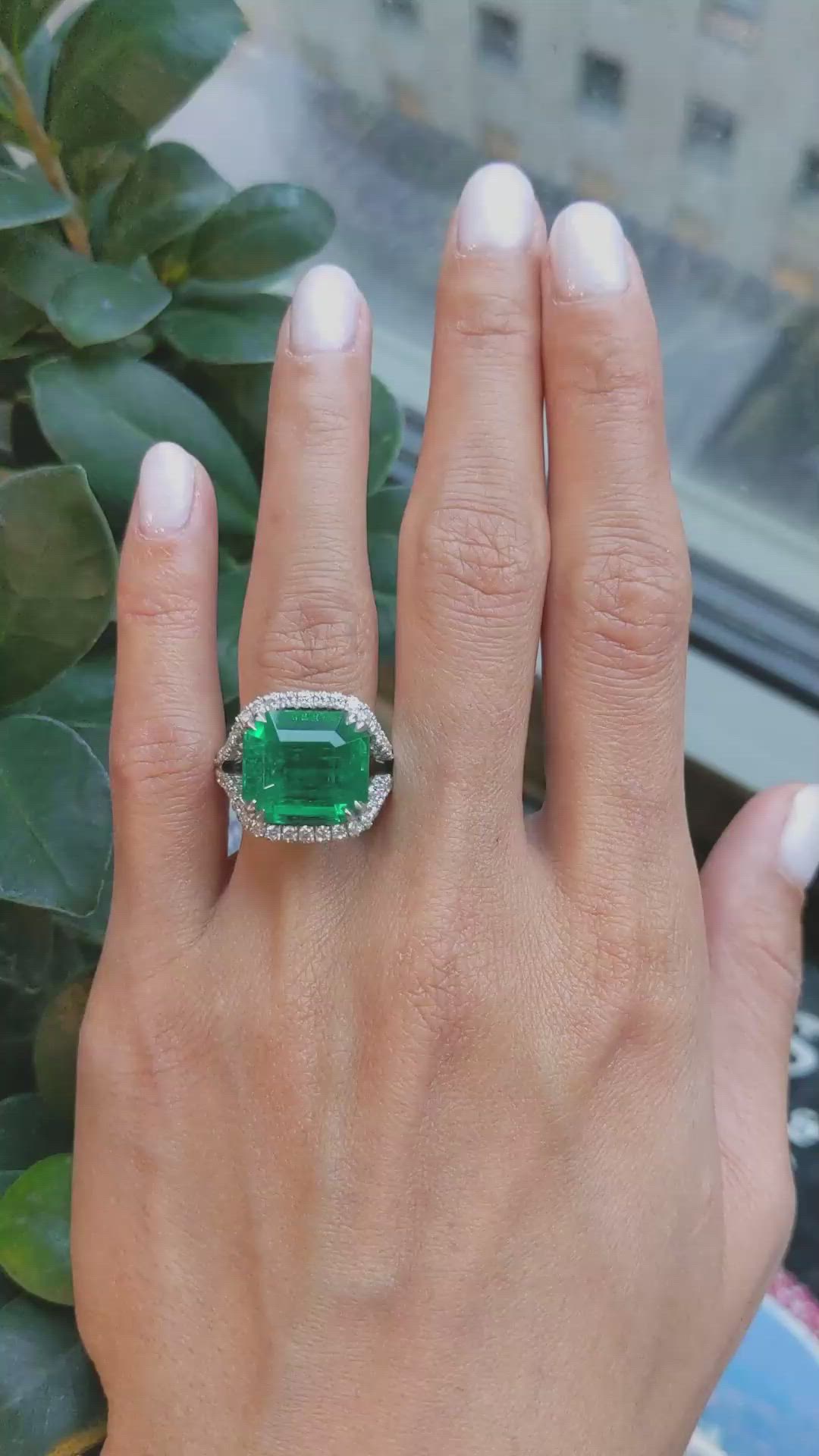 10.28 Ct. Emerald Natural Diamond Pave Ring, Platinum 950 Size Video