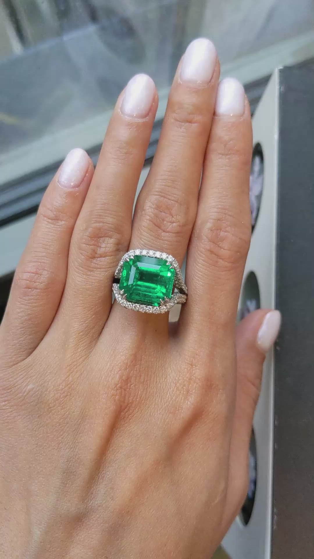 10.28 Ct. Emerald Natural Diamond Pave Ring, Platinum 950 Size Video