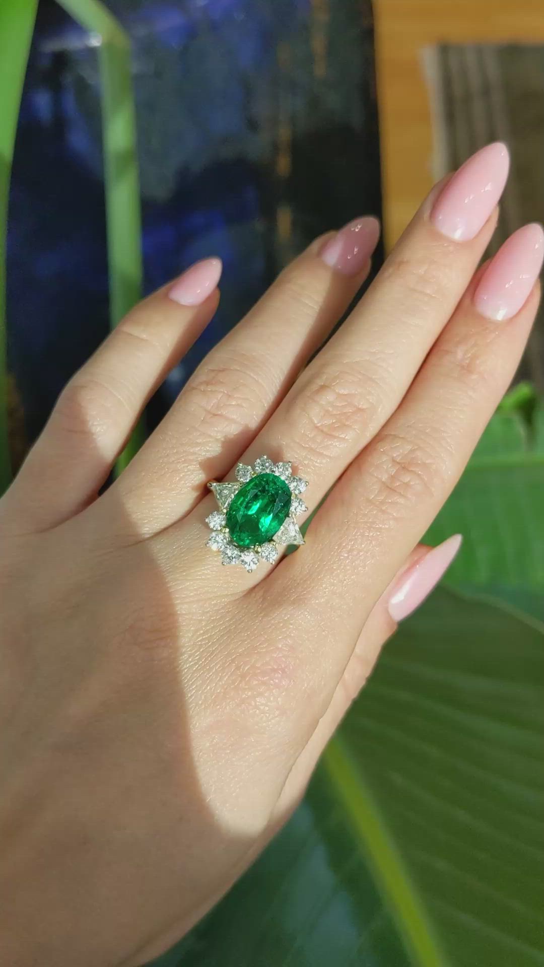 4.29 Ct. Emerald Natural Diamond Halo Ring, 18K Yellow Gold Size Video