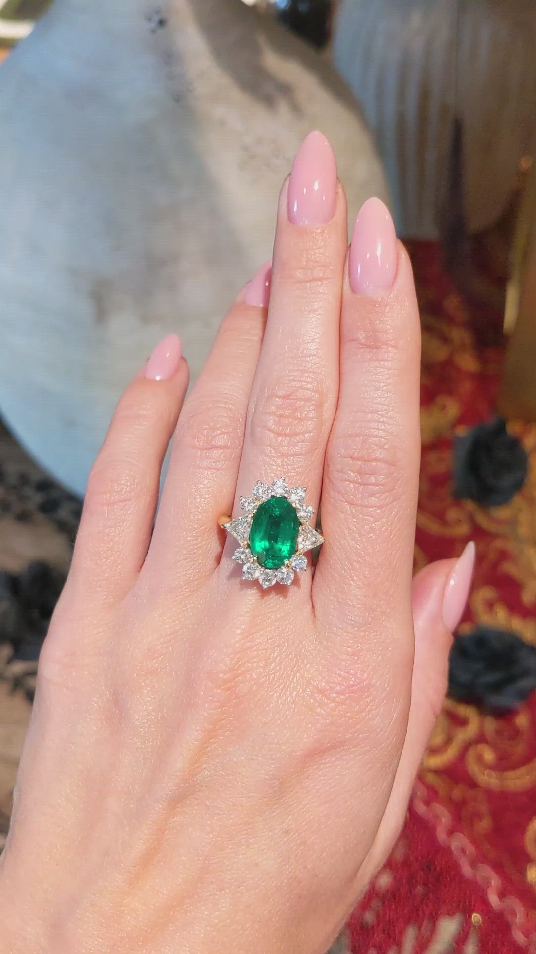 3.86 Ct. Emerald Natural Diamond Halo Ring, 18K Yellow Gold Size Video