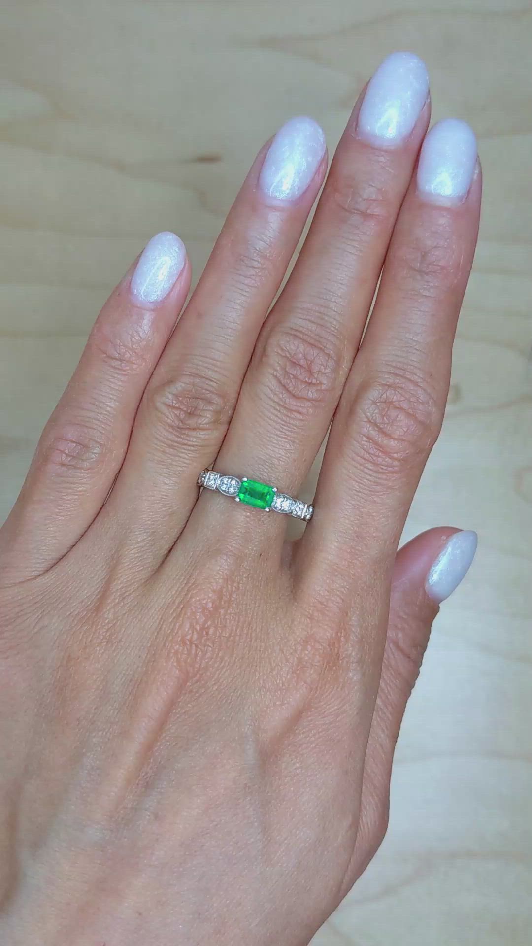 0.49 Ct. Emerald Natural Diamond Pave Ring, 18K White Gold Size Video