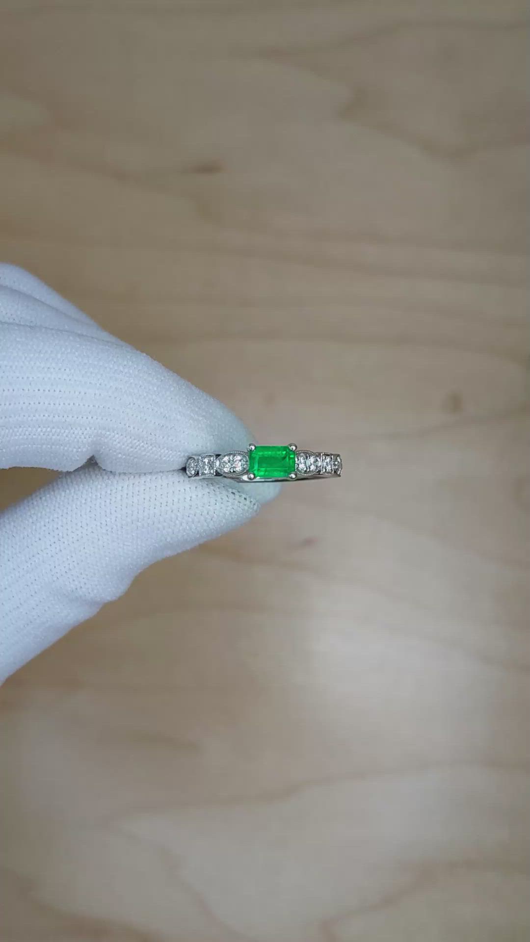 0.49 Ct. Emerald Natural Diamond Pave Ring, 18K White Gold Size Video