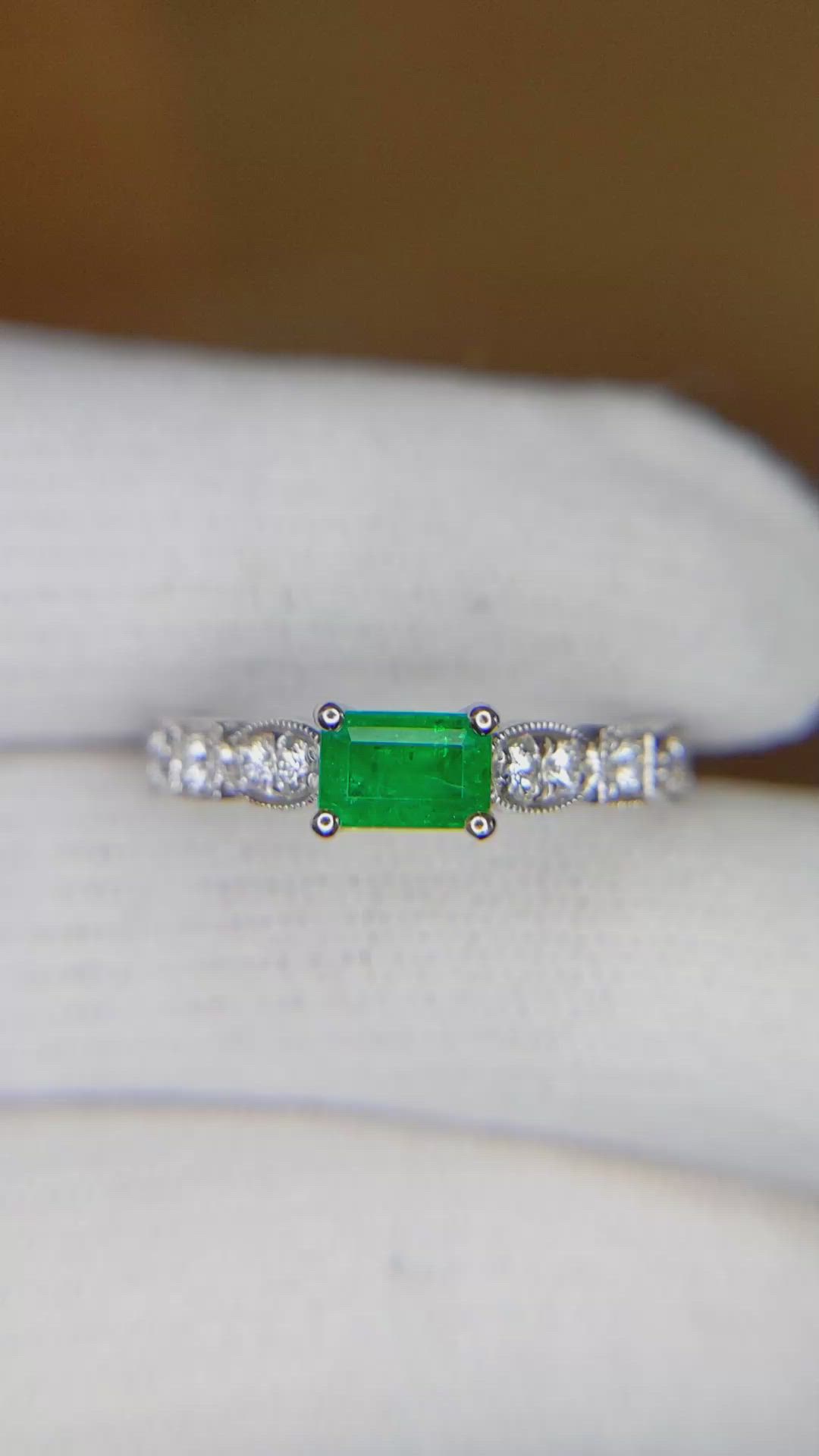 0.49 Ct. Emerald Natural Diamond Pave Ring, 18K White Gold Size Video
