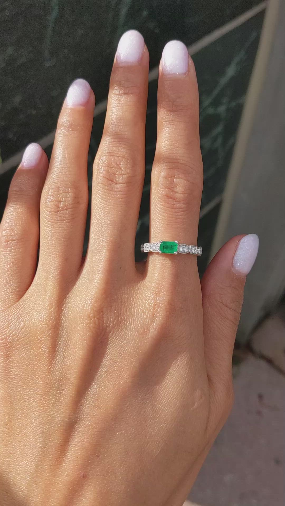 0.49 Ct. Emerald Natural Diamond Pave Ring, 18K White Gold Size Video