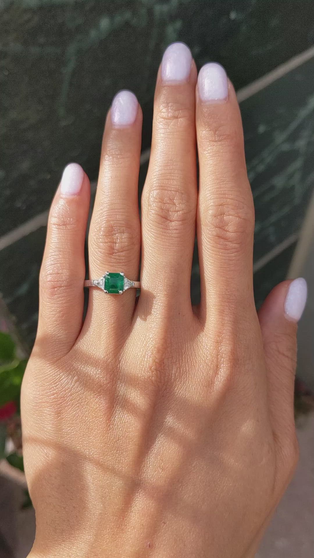 0.95 Ct. Emerald Natural Diamond Three Stone Ring, 18K White Gold Size Video