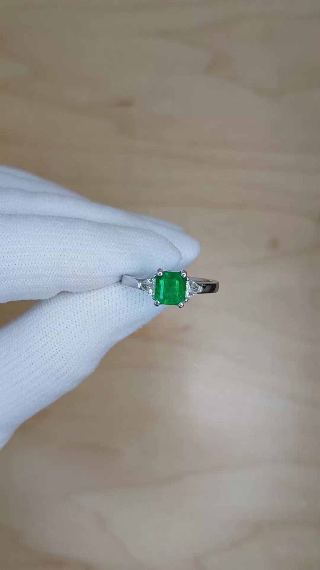 0.95 Ct. Emerald Natural Diamond Three Stone Ring, 18K White Gold Size Video