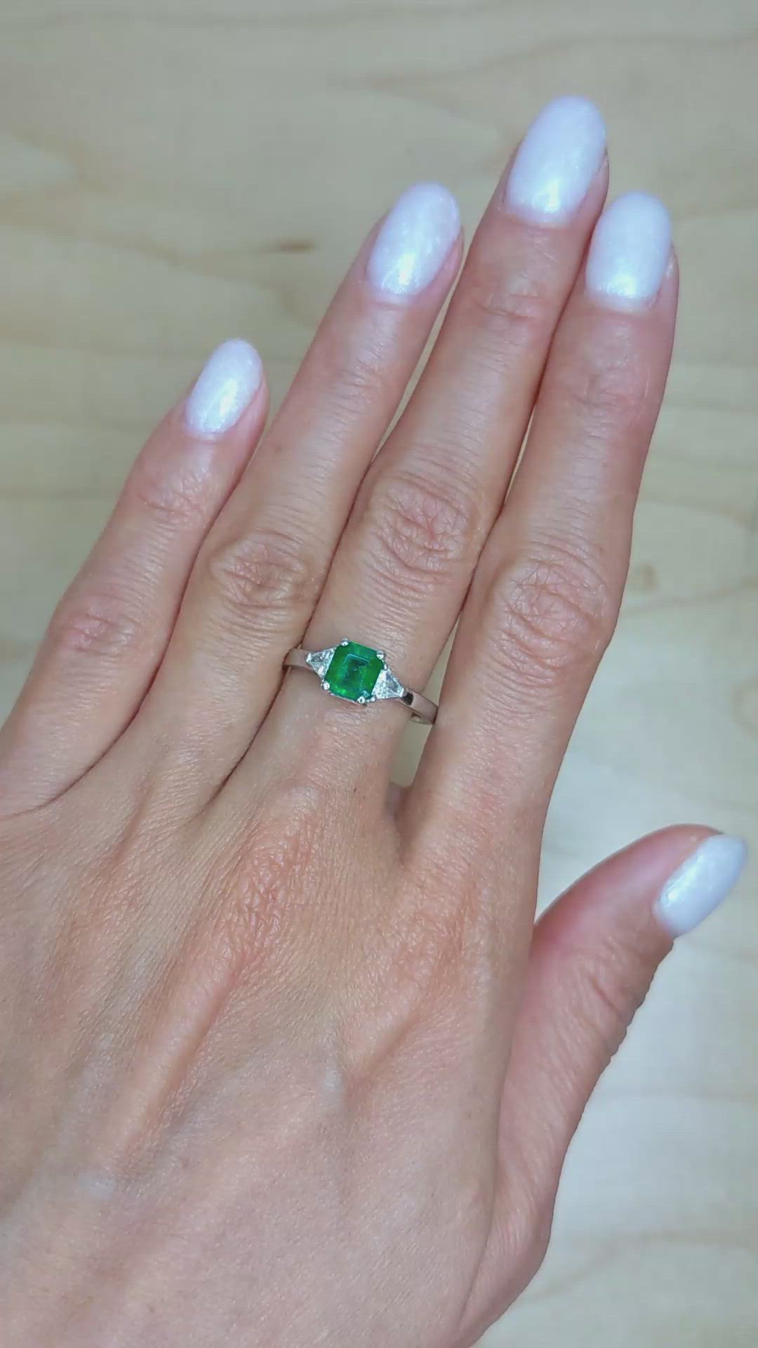 0.95 Ct. Emerald Natural Diamond Three Stone Ring, 18K White Gold Size Video